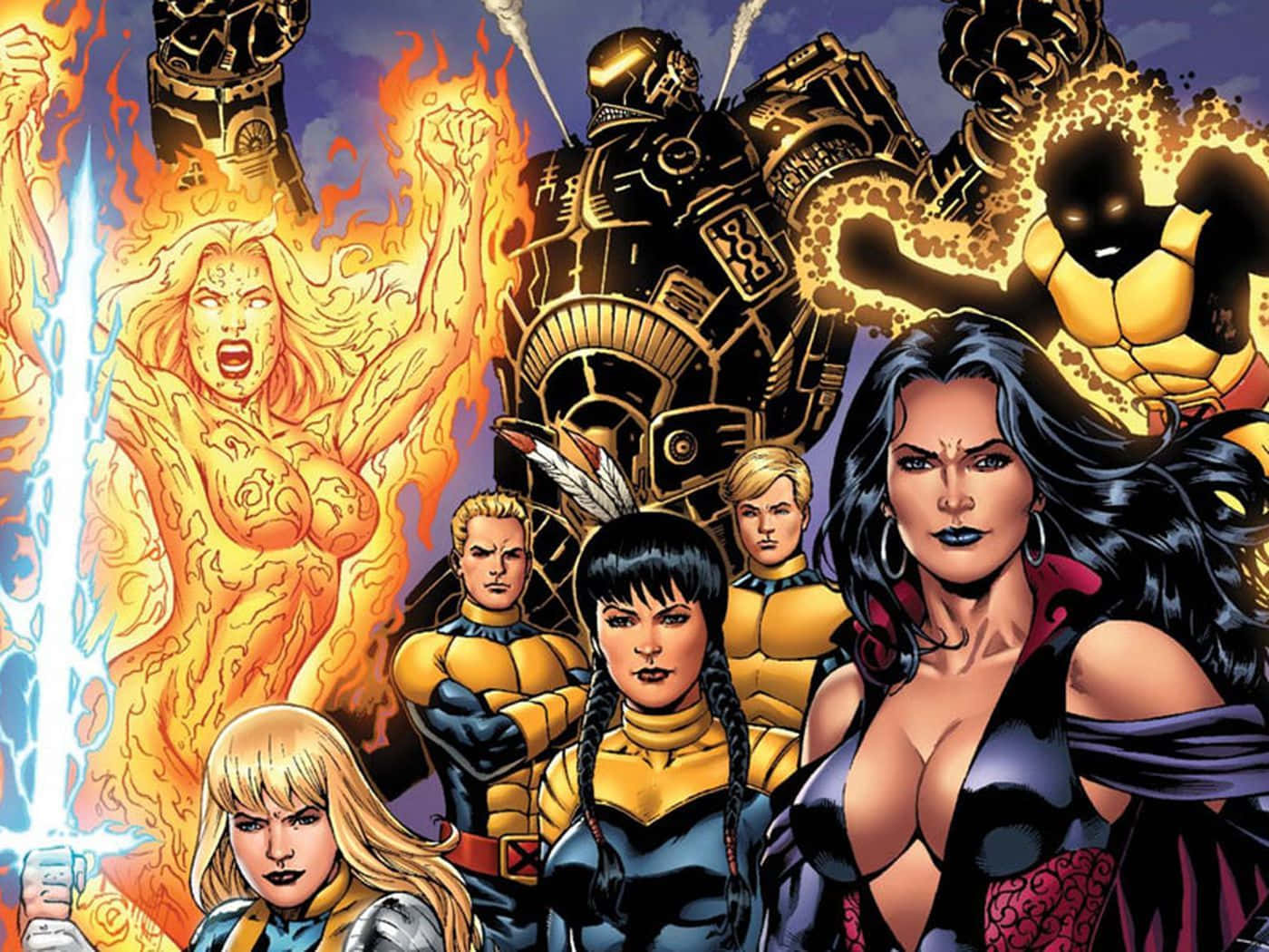 New Mutants 桌布 壁紙 — 一個動態漫畫插圖，描繪一個超級英雄團隊，成員擁有火焰、裝甲和能量驅動的能力，以英雄姿態擺出姿勢。
