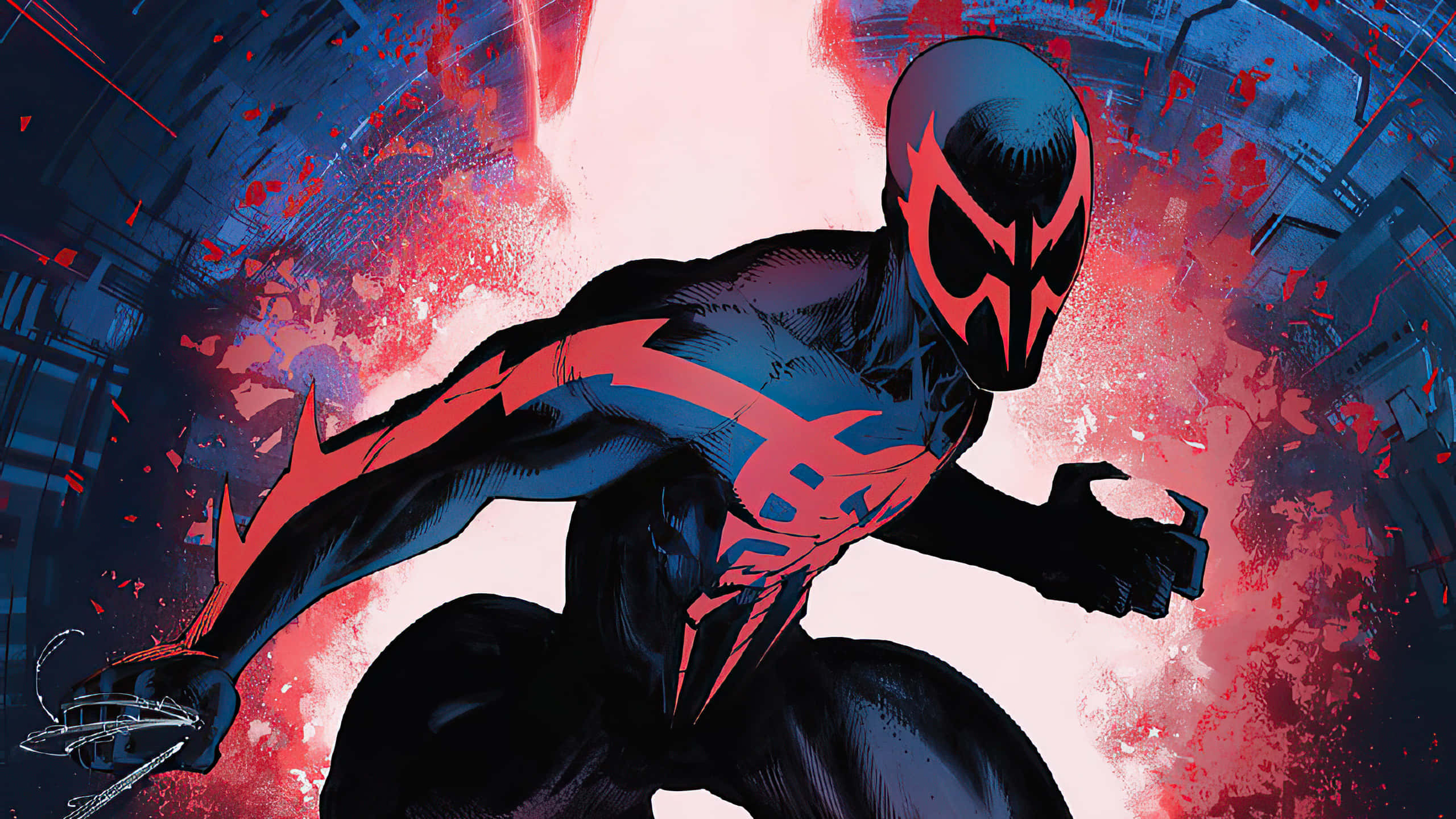 Spider Man 2099 桌布 壁紙 — 一個動態漫畫英雄穿著黑色和紅色套裝，在破碎的城市背景下向前跳躍，伴隨著爆炸性的紅色能量。