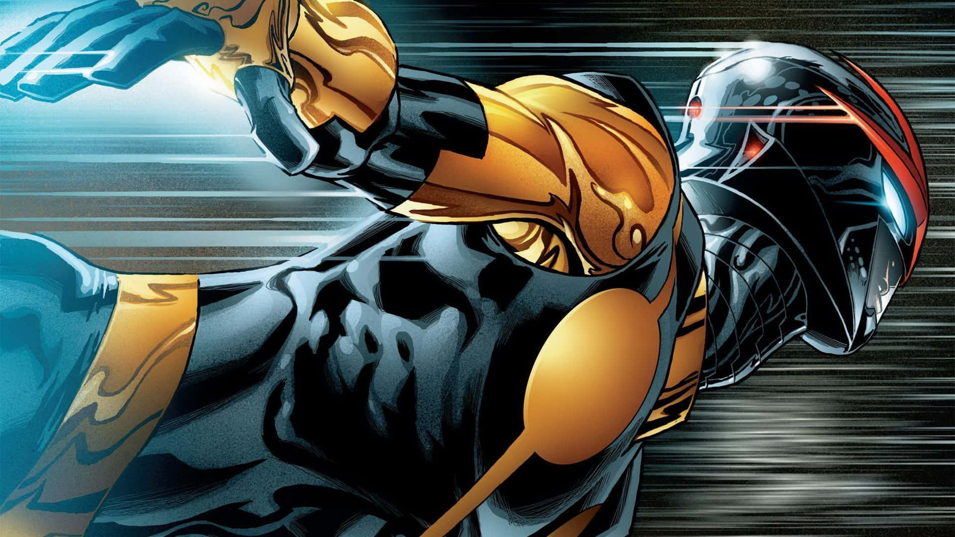 Nova Corps 桌布 壁紙 — 一個動態漫畫英雄身穿黑色和金色盔甲，在條紋運動背景前揮舞著發光的拳頭向前衝刺。
