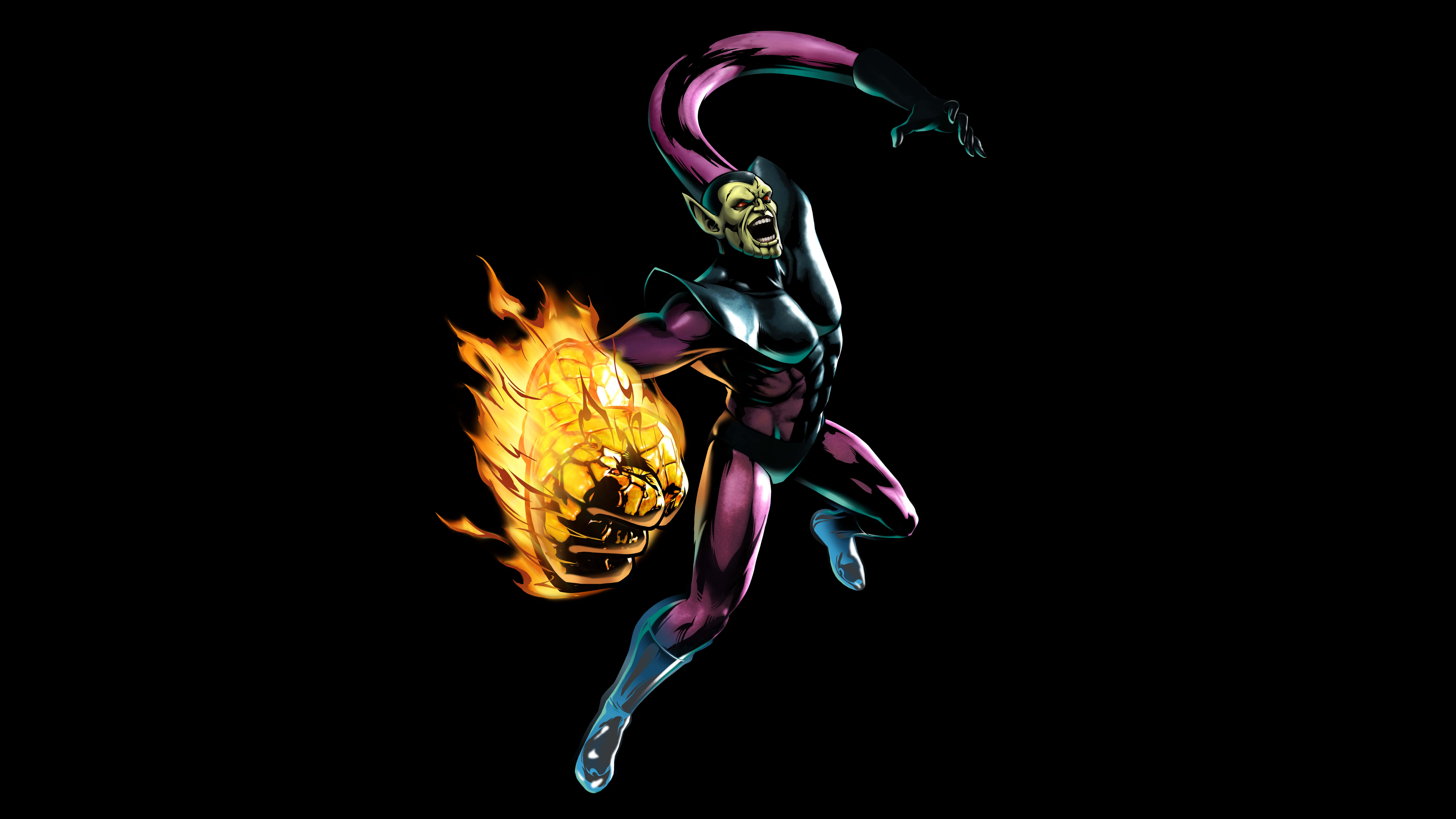Skrulls 桌布 壁紙 — 一個動態漫畫角色穿著紫色西裝，手持燃燒的頭骨，在黑色背景前向前跳躍。