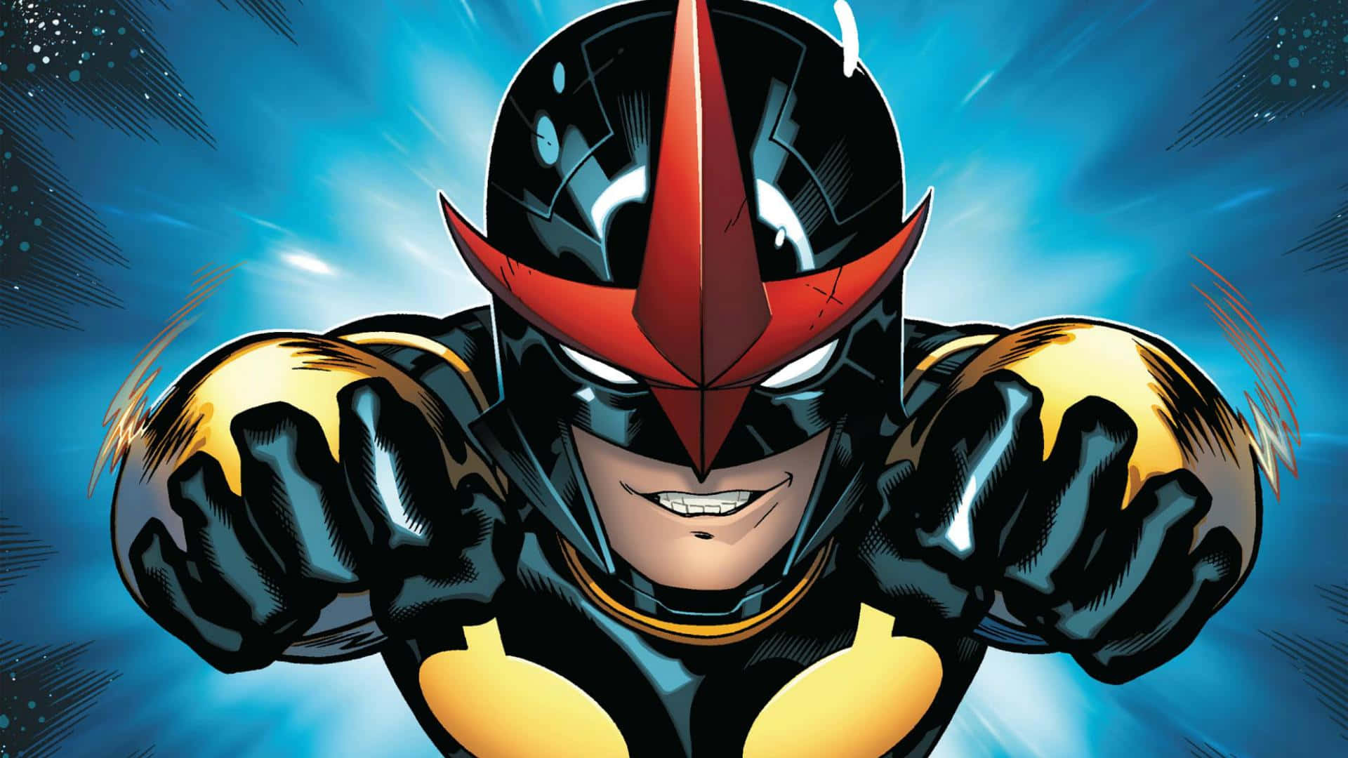 Nova Corps 桌布 壁紙 — 一個動態漫畫超級英雄，身穿黑色和紅色盔甲，閃爍黃色拳頭，在藍色能量爆發背景下向前衝刺。