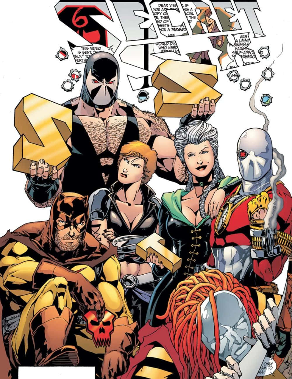Secret Six 桌布 壁紙 — 一個動態漫畫面板，包含六位戴面具的超級英雄，色彩大膽，姿勢戲劇化。