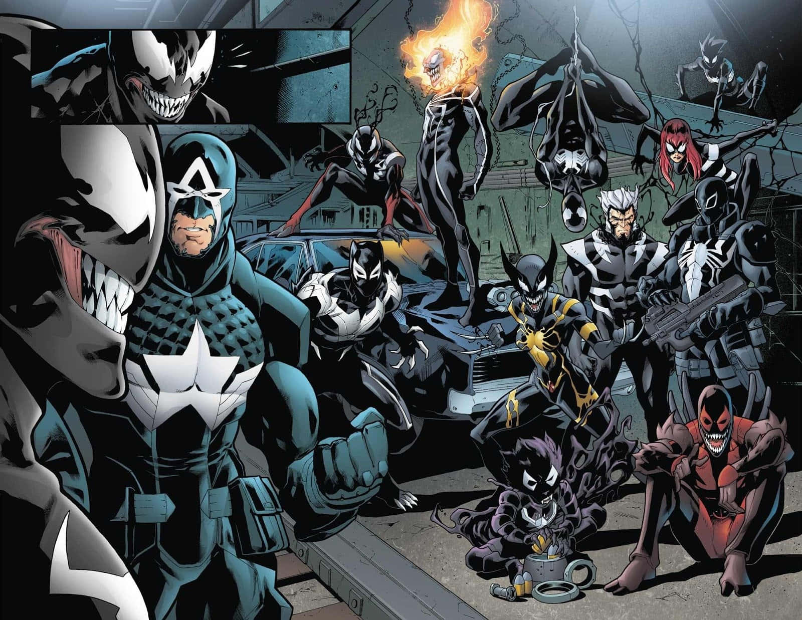 Venomverse 桌布 壁紙 — 一個動態漫畫面板，描繪了多個猛毒共生體和盟友在夜晚的 gritty 城市小巷中。