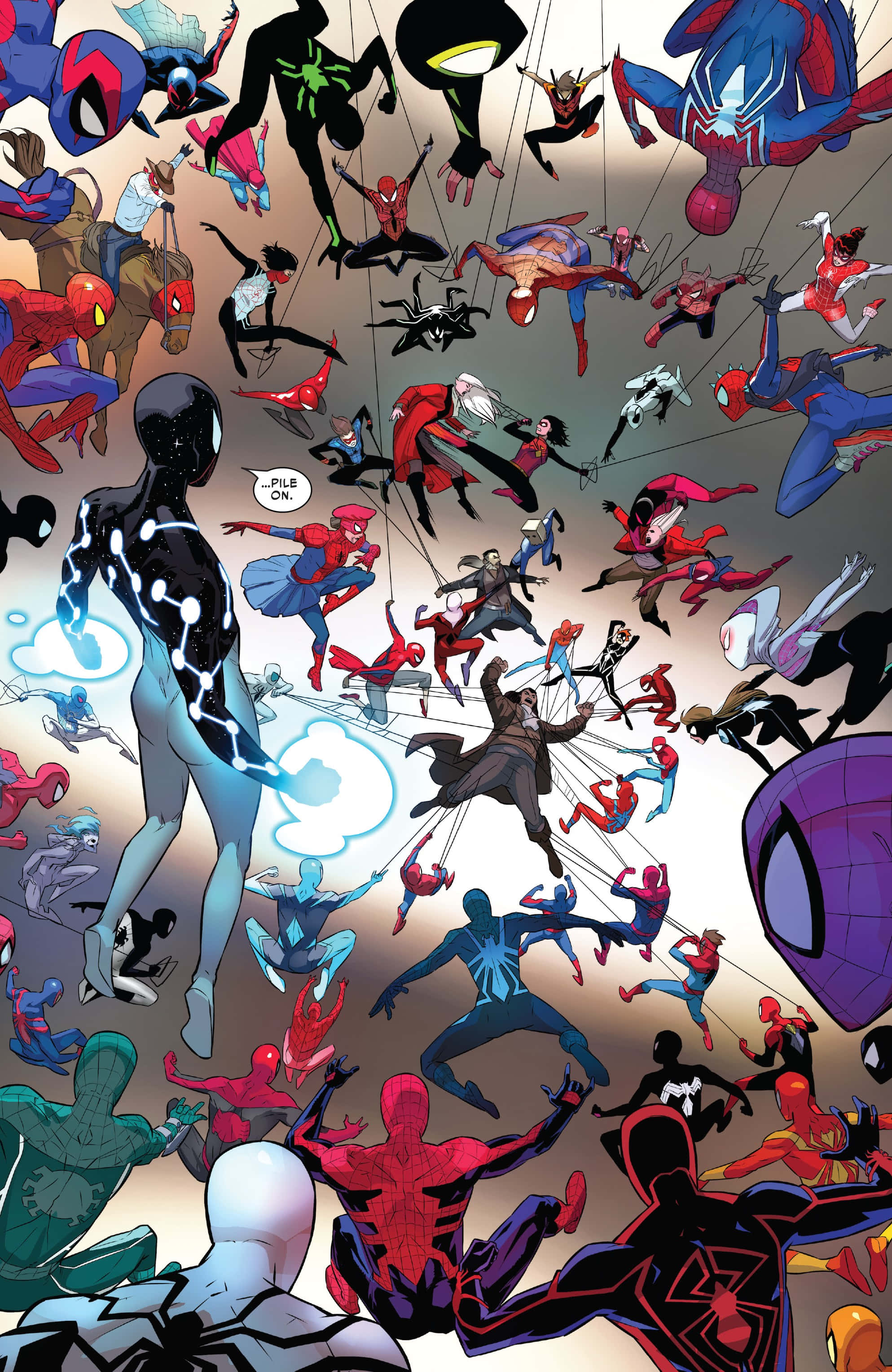Spider-geddon 桌布 壁紙 — 一個動態漫畫面板，數十個蜘蛛人變體在柔和的背景前在空中擺盪和擺姿勢。