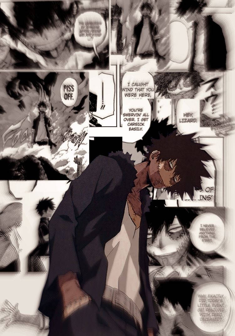 Dabi Aesthetic 桌布 壁紙 — 一個動態漫畫面板拼貼，以一個穿著深色外套、頭髮尖刺的角色為特色，處於激烈的對話和動作場景中。