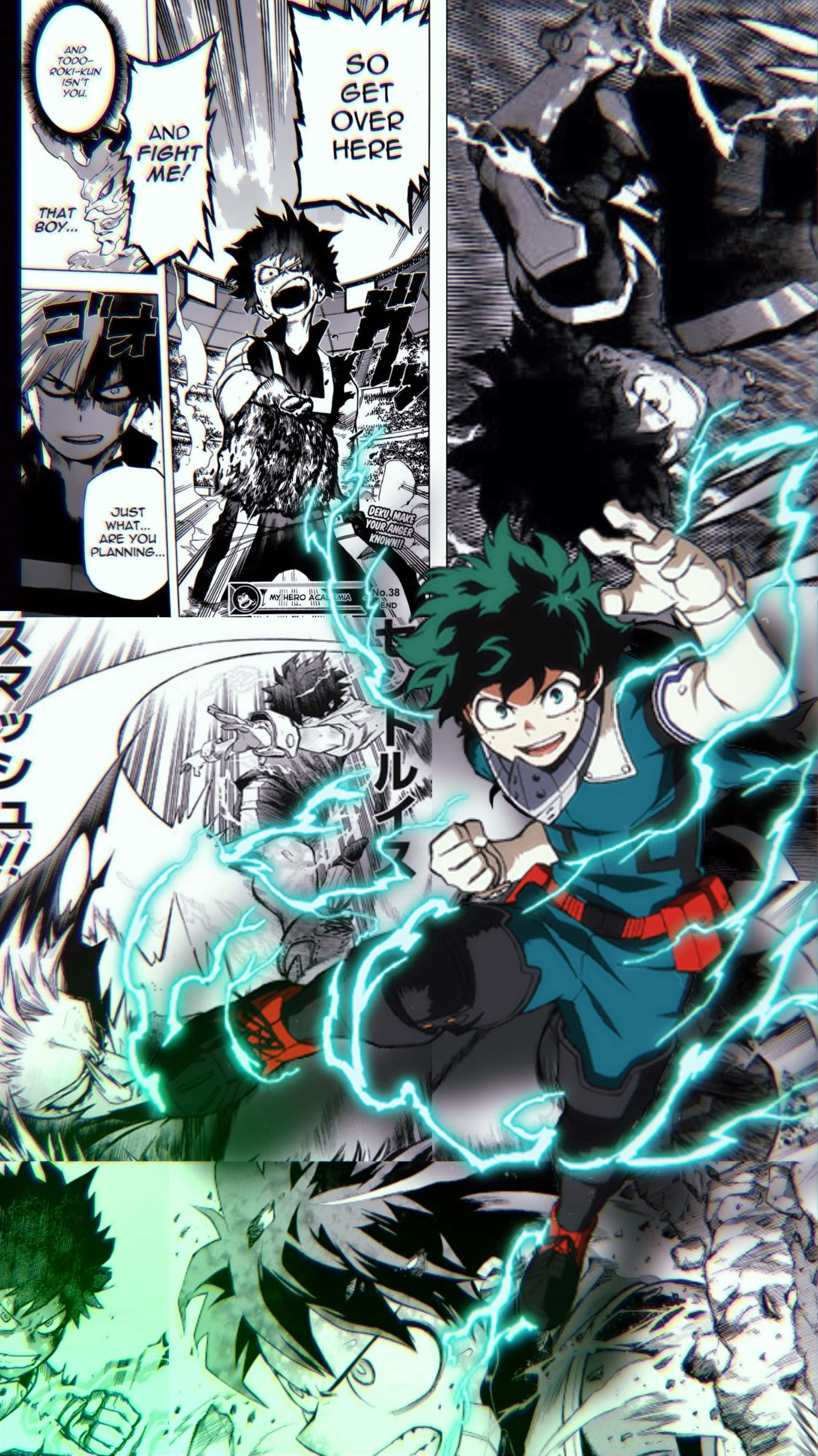 Manga Characters 桌布 壁紙 — 一個動態漫畫面板顯示一位綠髮英雄在戰鬥場景中釋放電能，與多個角色對戰。