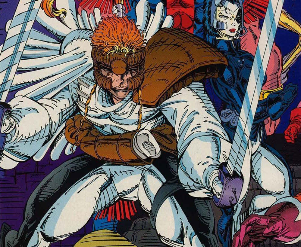 Shatterstar 桌布 壁紙 — 一個動態漫畫面板顯示一個擁有橙色頭髮和白色盔甲的兇猛戰士在戰鬥場景中被其他角色包圍時揮舞著劍。