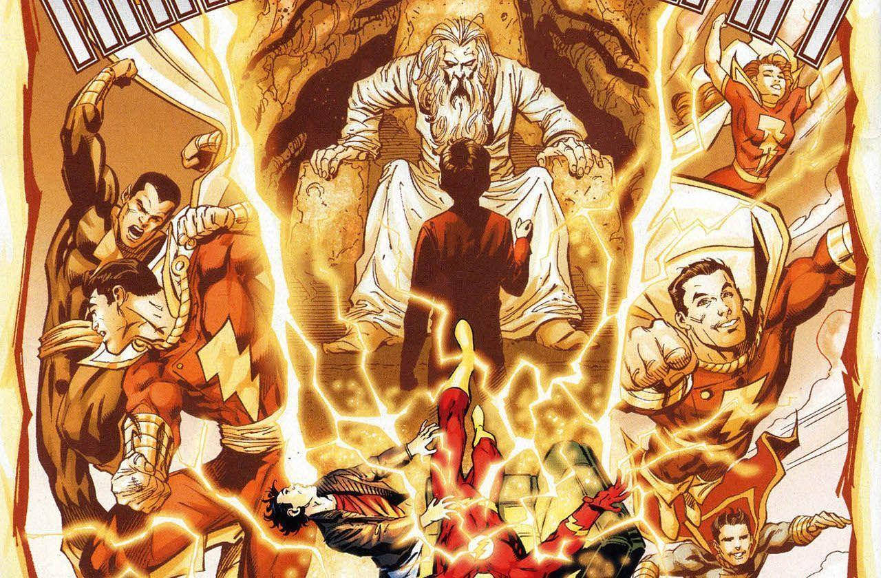 Shazam 桌布 壁紙 — 一個動態漫畫面板顯示多個閃電英雄包圍一個鬍鬚神般的人物在洞穴般的環境中。