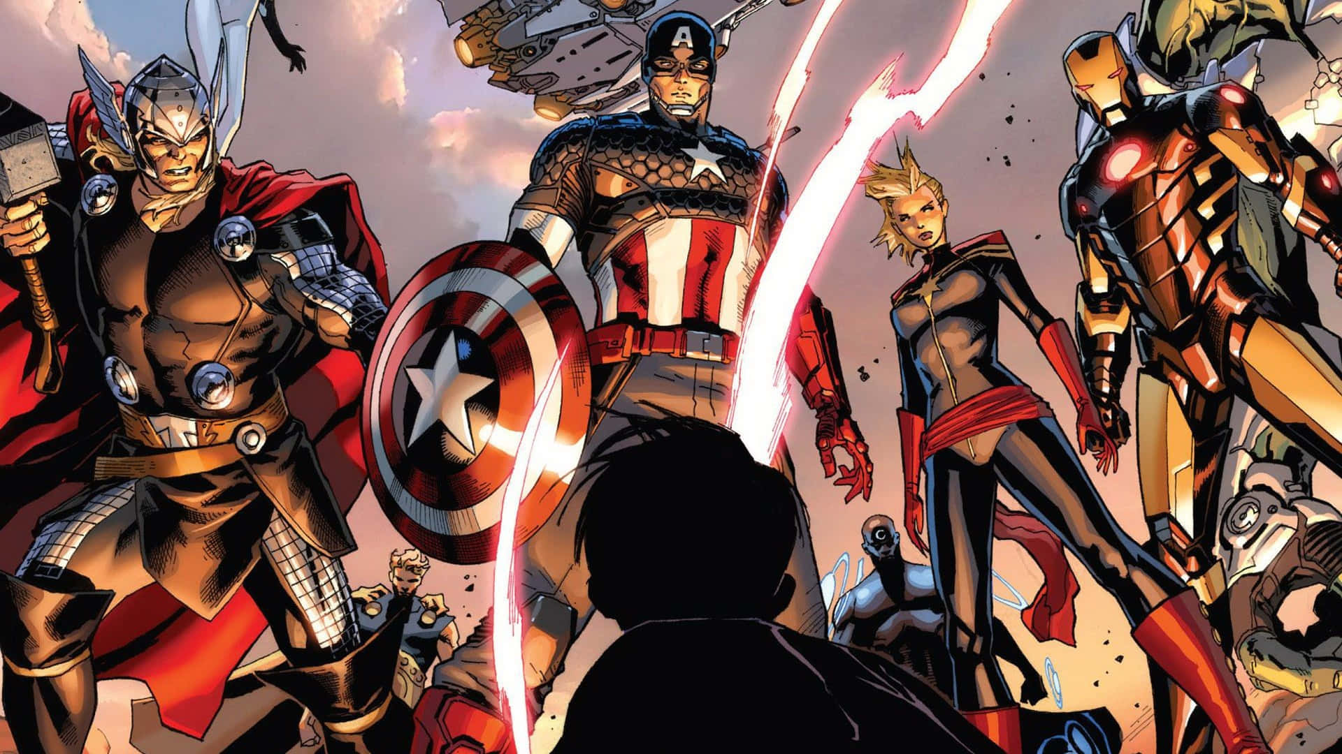 New Avengers 桌布 壁紙 — 一個動態漫畫面板顯示索爾、美國隊長、黑寡婦和鋼鐵人在戲劇性的天空下英勇站立。