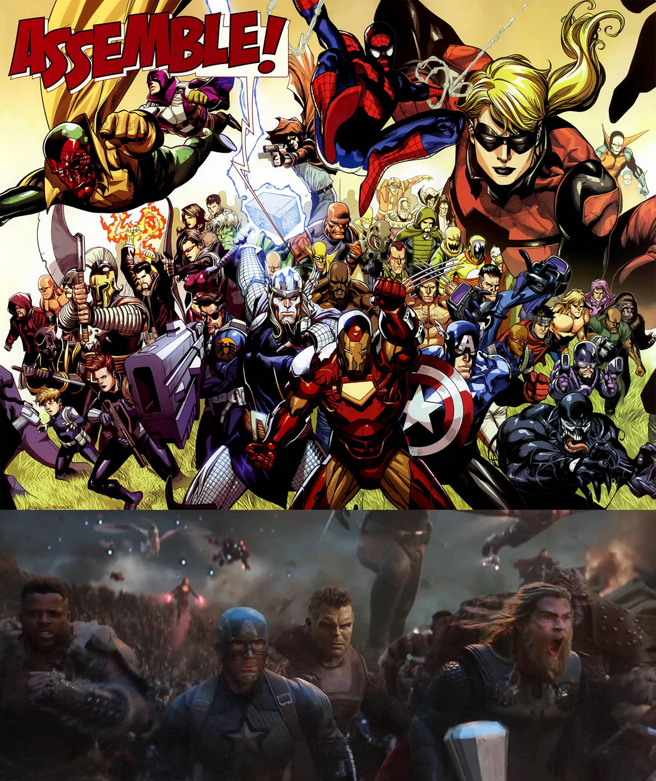 Avengers Assemble 桌布 壁紙 — 一個動態漫畫面板顯示超級英雄如鋼鐵人和美國隊長在上方集結，並帶有「ASSEMBLE!」字樣，而下方的電影場景則描繪他們在戰鬥。