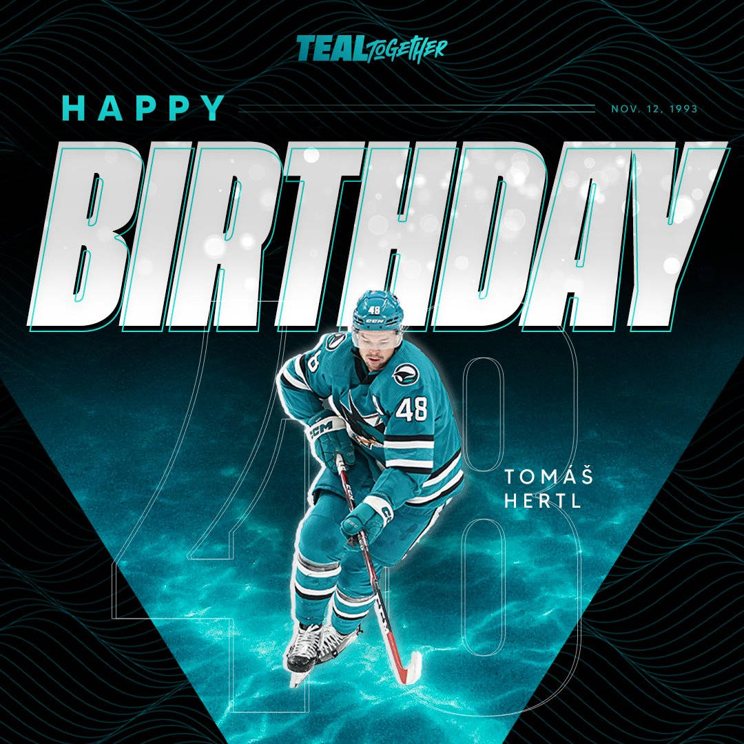 運動 桌布 壁紙 — 一個動態生日圖案，冰球運動員 Tomas Hertl 身穿青綠色制服，在發光的青綠色和黑色波浪背景上滑行。