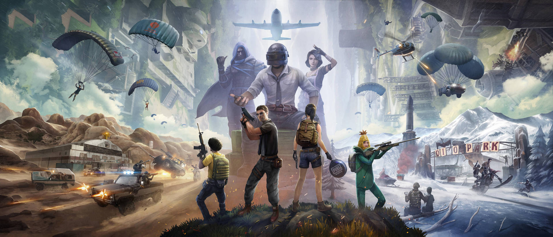 Battle royale 玩家在混亂的多地形環境中跳傘和戰鬥。 — 8K 遊戲 壁紙