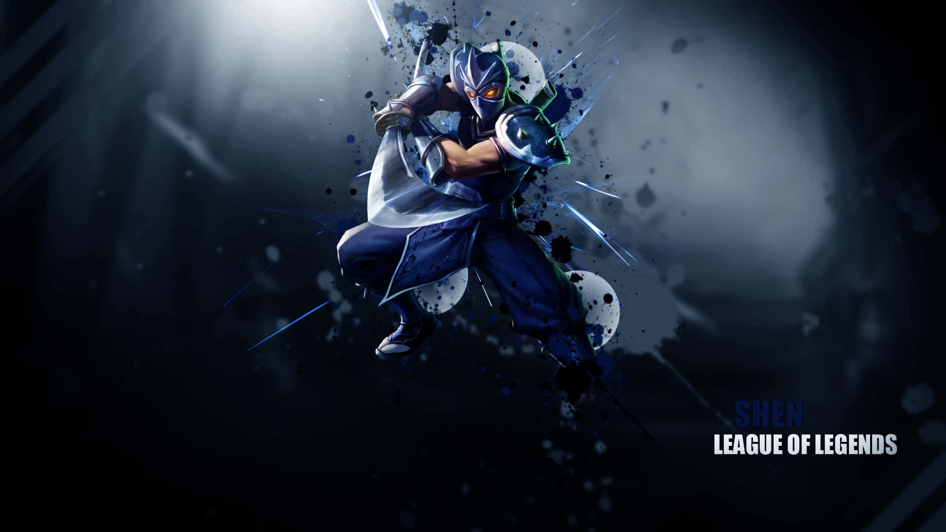 Best League Of Legends 桌布 壁紙 — 一個動態的《英雄聯盟》角色慎在黑暗聚光燈下跳躍在半空中，帶有藍色能量飛濺和發光的紅色眼睛。