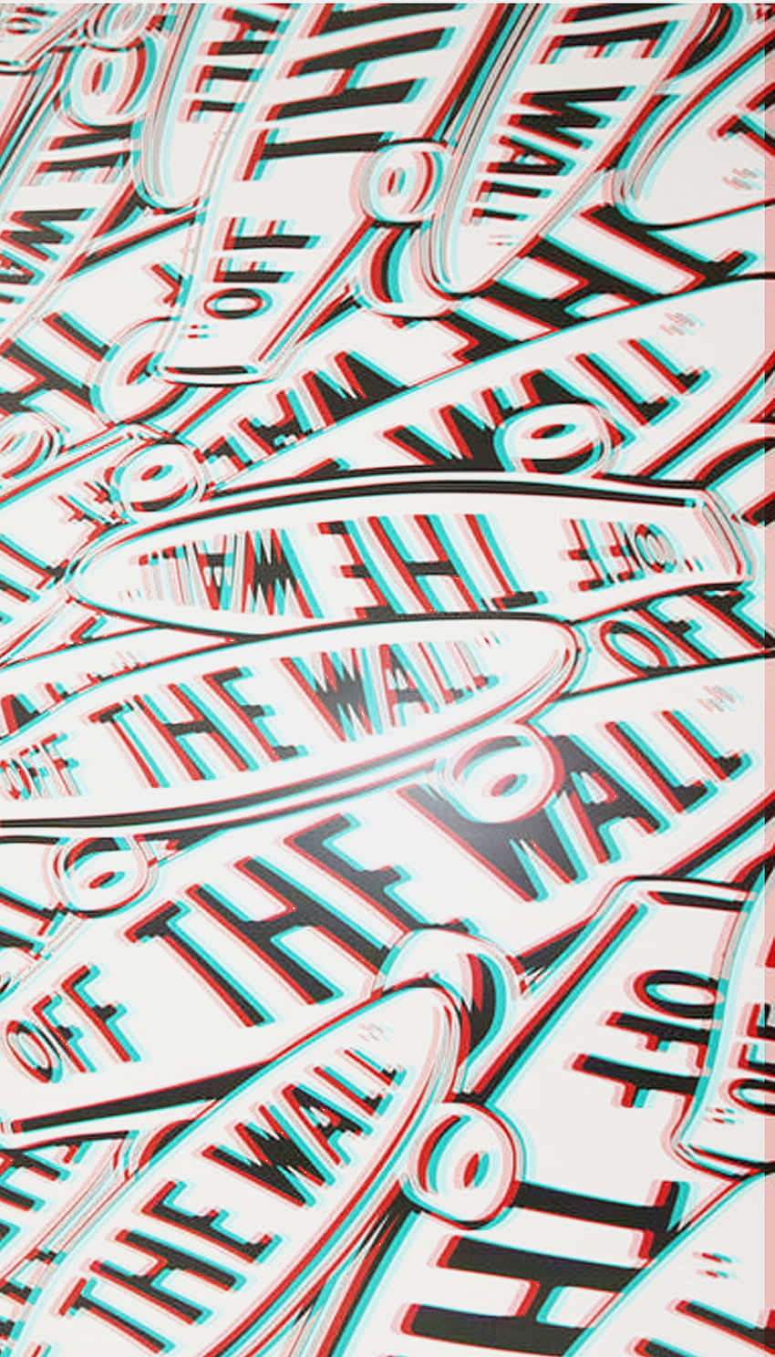 Vans 桌布 壁紙 — 一個動態的3D渲染圖案，由重疊的紅色、黑色和青色「OFF THE WALL」標誌組成，營造出大膽的故障效果。