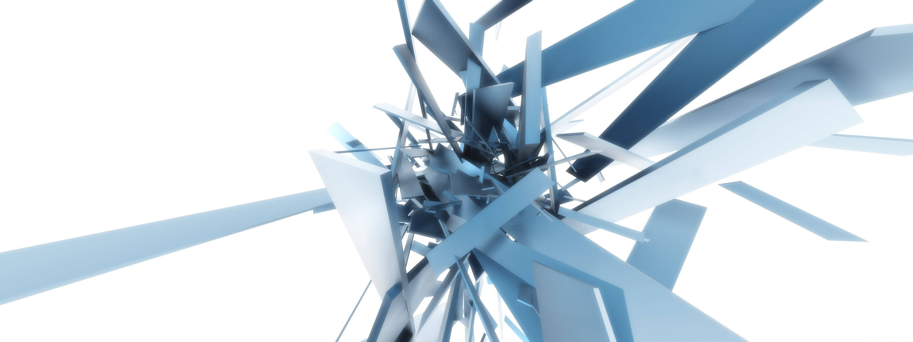 淺藍色 桌布 壁紙 — 一個動態的3D渲染抽象雕塑，由相交的藍色金屬碎片向外輻射，背景為純白色。