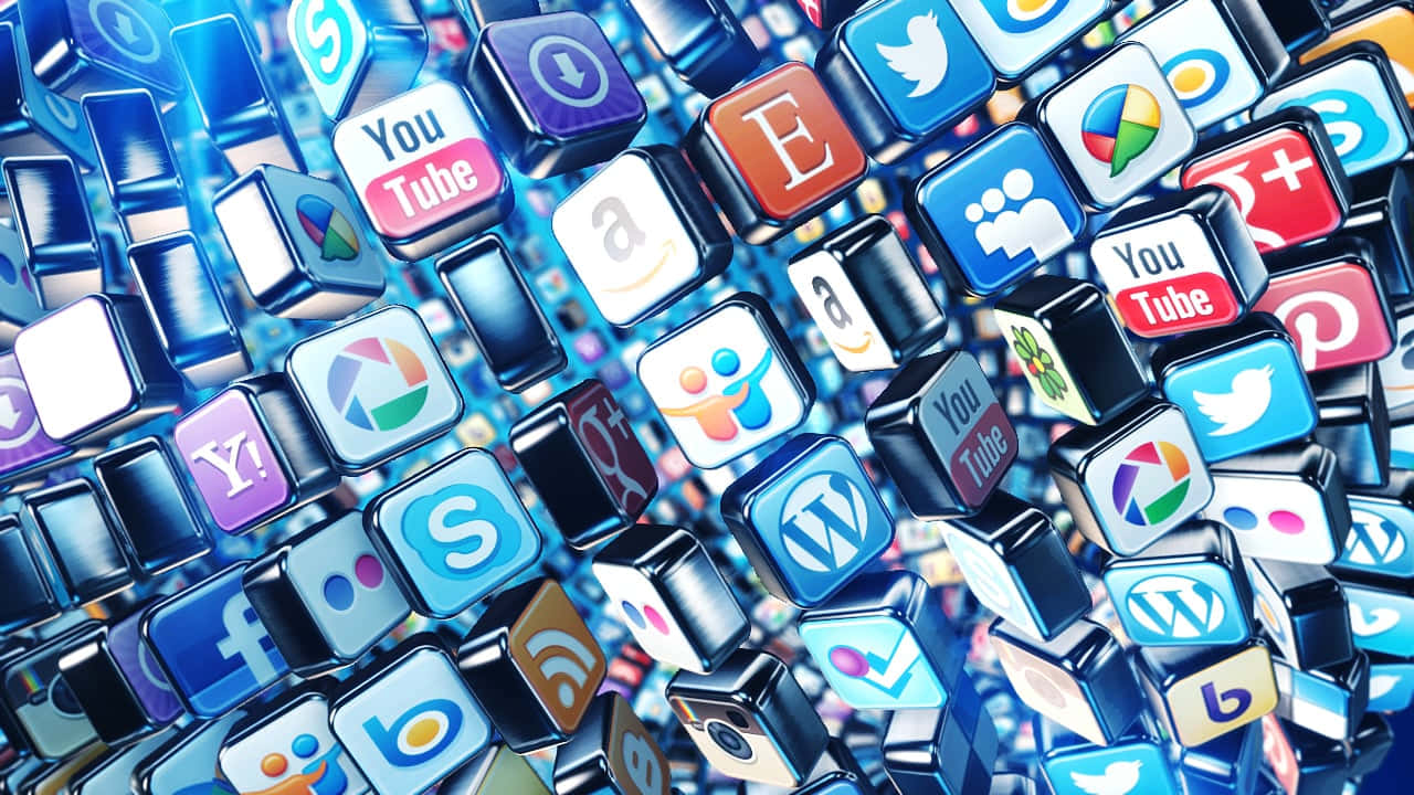 Social Media Icons 桌布 壁紙 — 一個動態的3D渲染瀑布，浮動的社交媒體應用程式圖標在黑暗背景上發出鮮豔色彩的光芒。