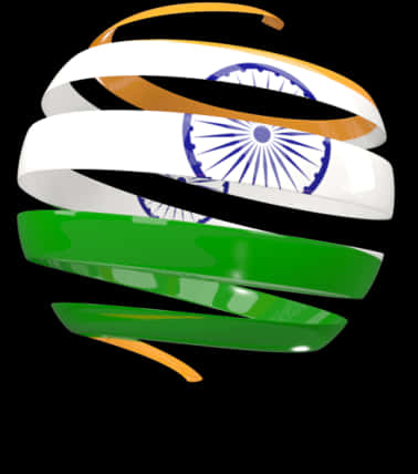 India Flag 桌布 壁紙 — 一個動態的3D渲染螺旋，呈現印度國旗顏色和阿育王法輪，背景為黑色。