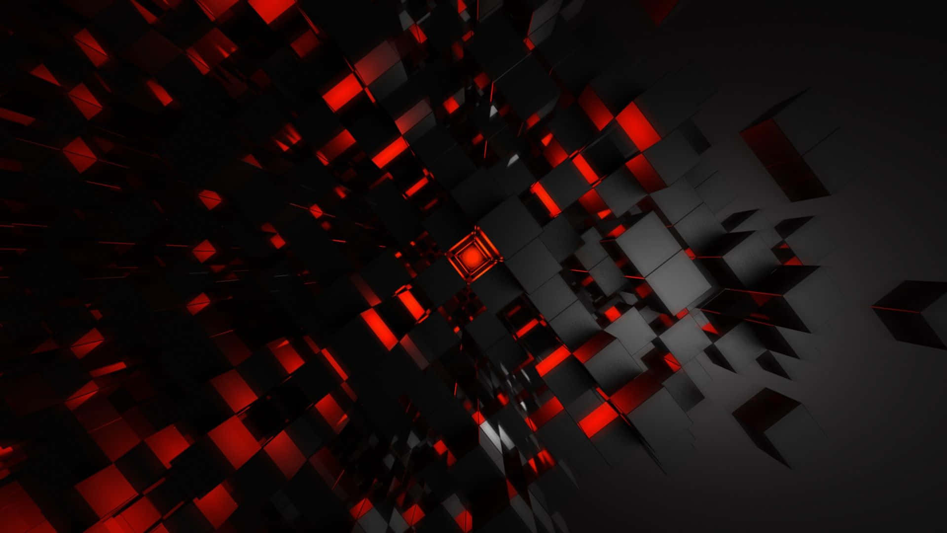 cubes 桌布 壁紙 — 一個動態的3D渲染隧道，由發光的紅色立方體組成，以銳利的幾何角度退入黑暗。