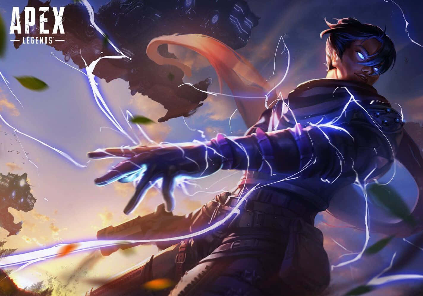 Apex 桌布 壁紙 — 一個動態的Apex Legends角色在戲劇性的天空背景下，以發光的藍色弧線引導電能。