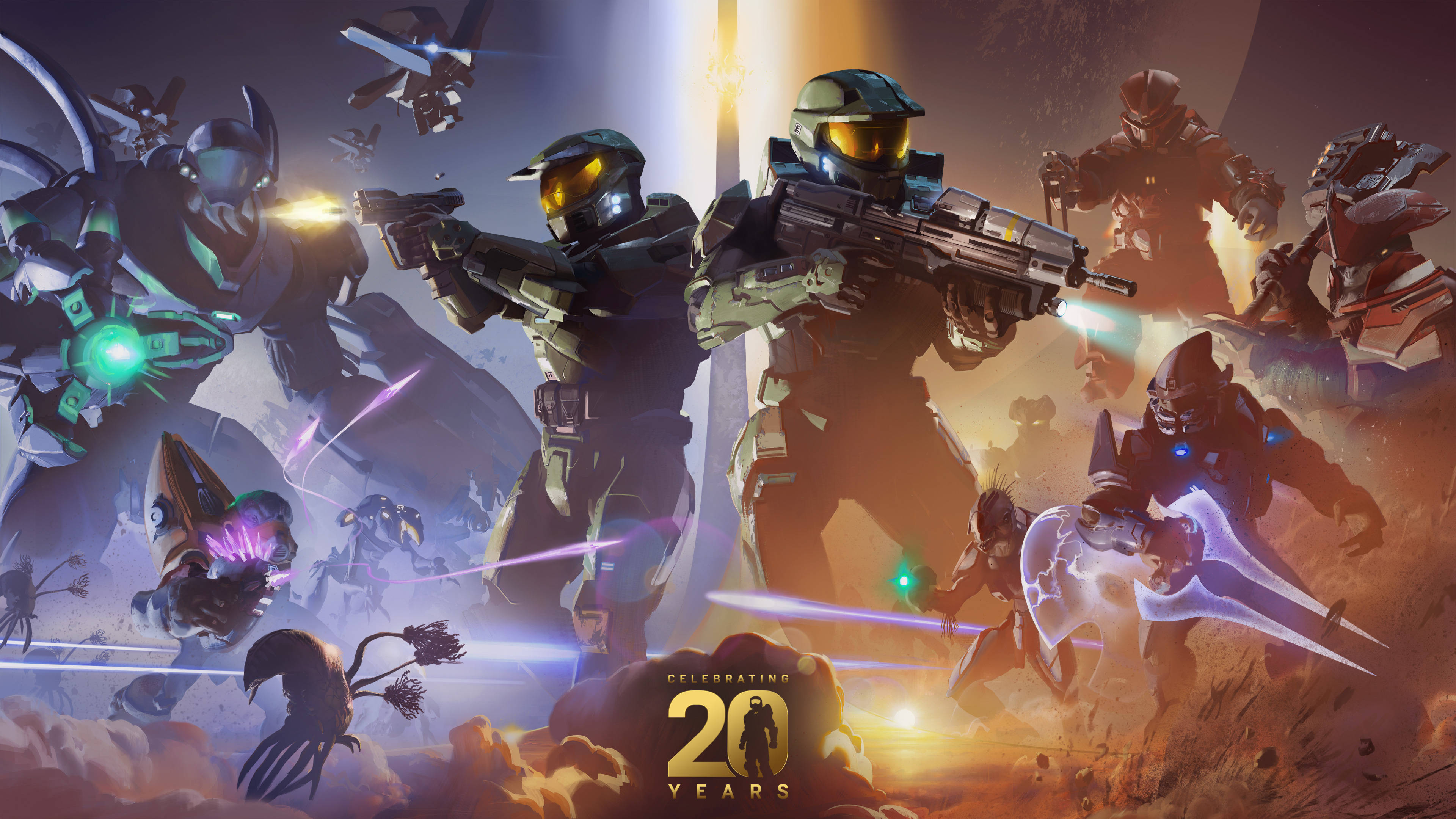 4K halo 桌布 壁紙 — 一個動態的Halo 20週年戰鬥場景，斯巴達戰士和外星人在發光的能量光束和爆炸中射擊武器。