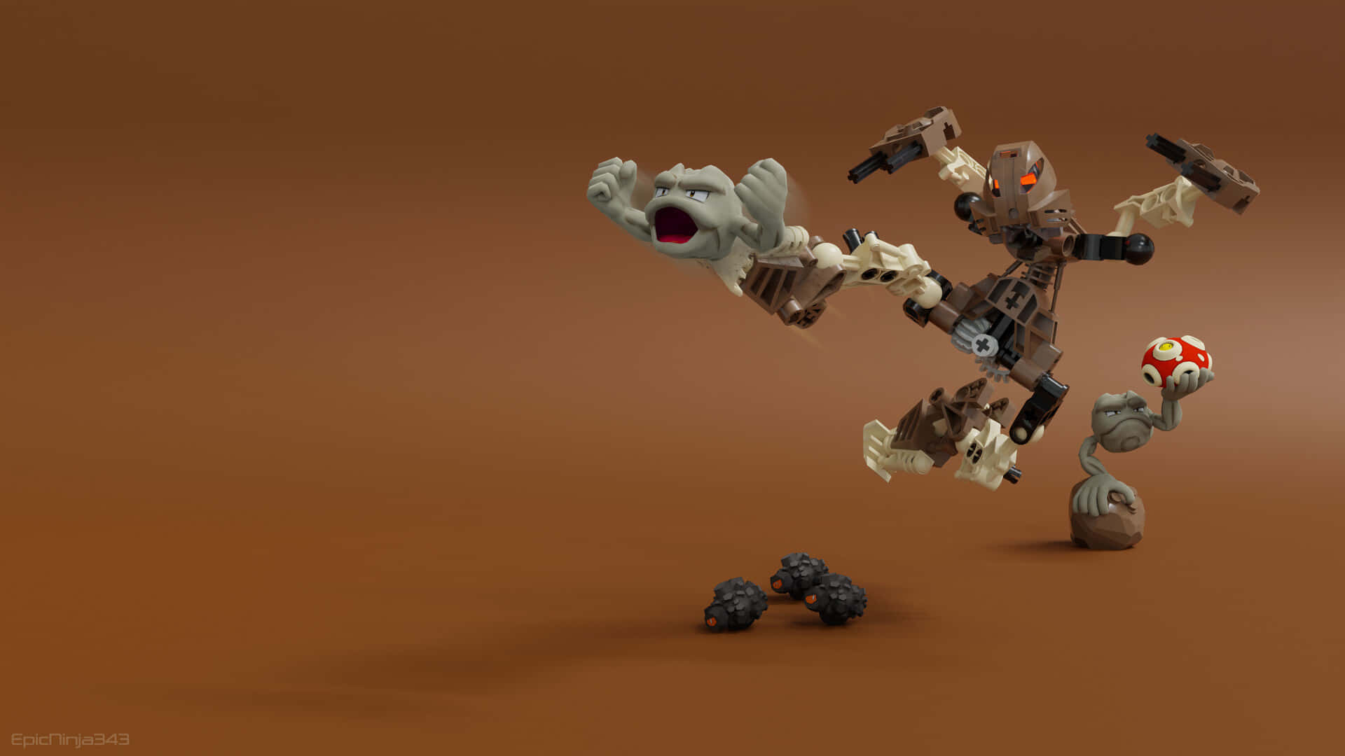 岩石 桌布 壁紙 — 一個動態的LEGO Bionicle戰鬥場景，棕色裝甲戰士揮舞武器和紅色球體，對抗一個尖叫的灰色生物，背景為純棕色。