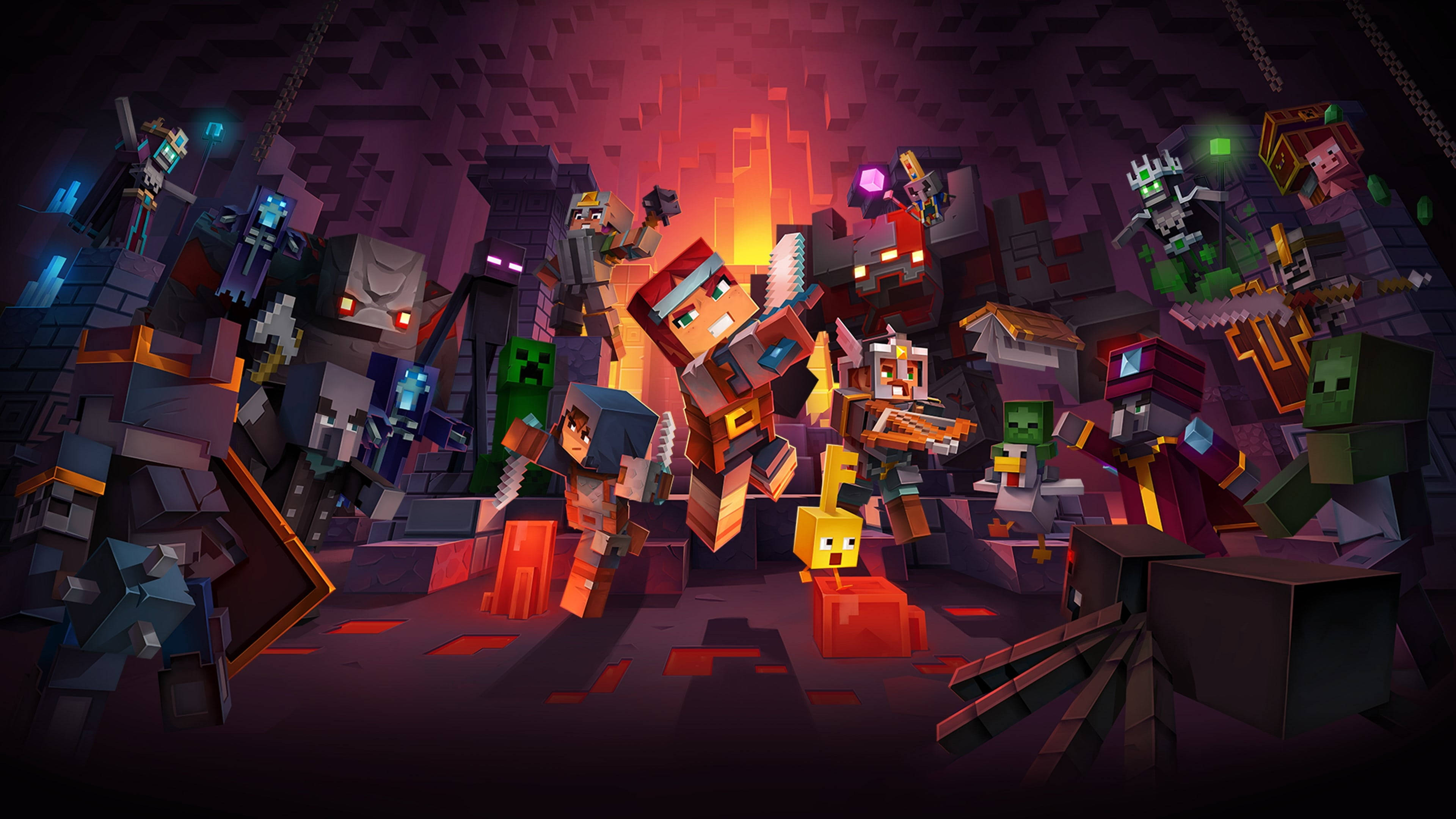 Minecraft Landscape 桌布 壁紙 — 一個動態的Minecraft場景，包含像素化角色和怪物，位於熾熱的地下洞穴中。
