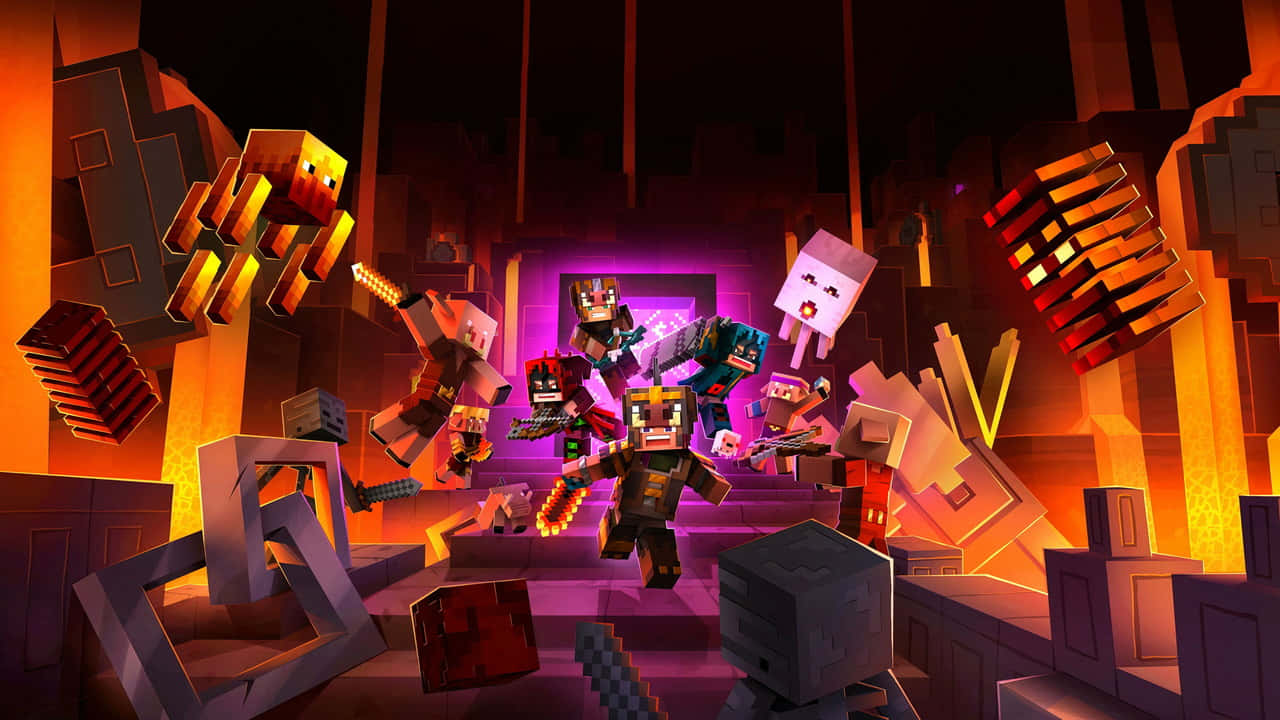 Minecraft Characters 桌布 壁紙 — 一個動態的Minecraft戰鬥場景，像素化角色在熾熱的地獄堡壘中於發光熔岩下戰鬥。