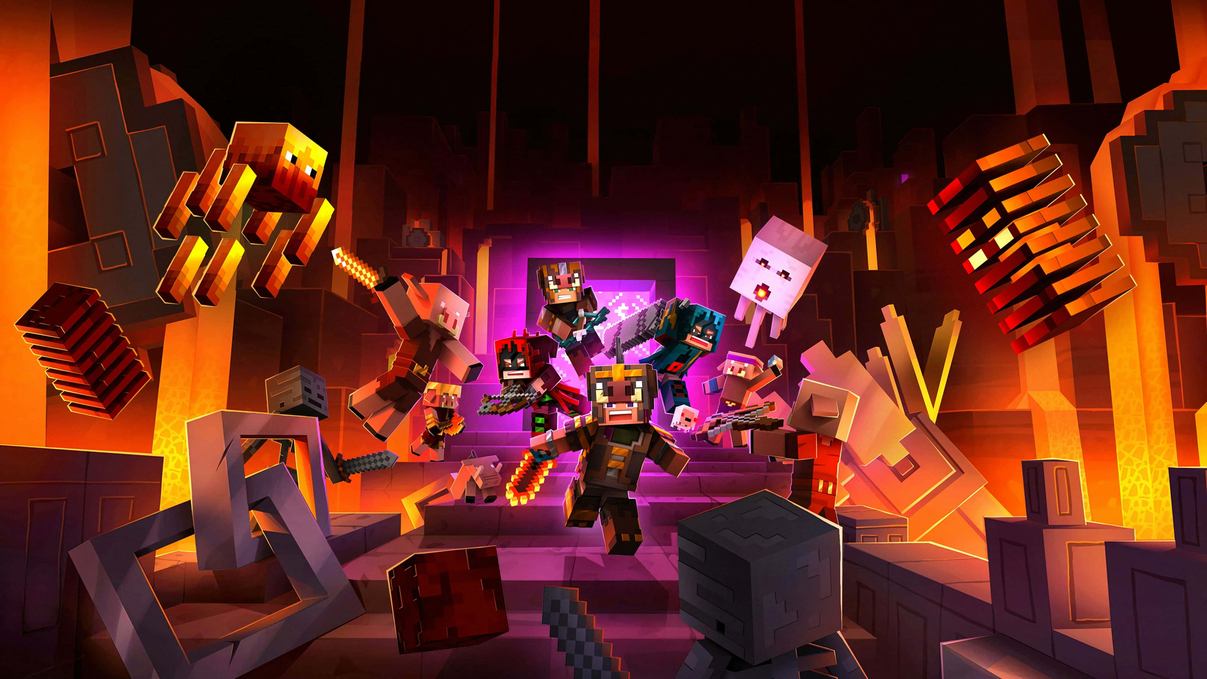 Minecraft Pig 桌布 壁紙 — 一個動態的Minecraft戰鬥場景，像素化角色在發光紫色光線下的熾熱地獄要塞中戰鬥。