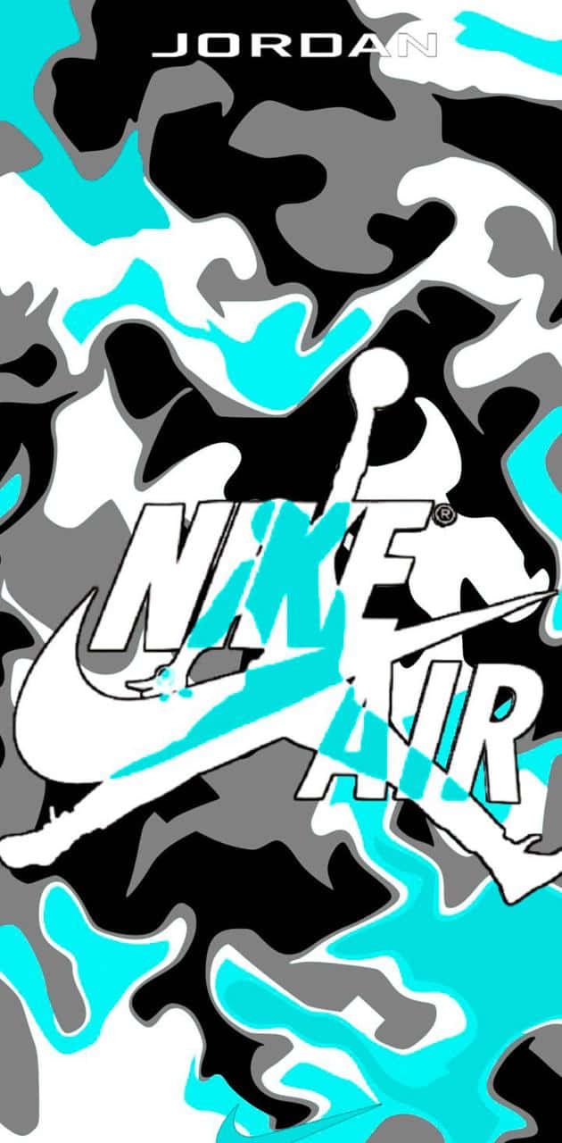 鞋子 桌布 壁紙 — 一個動態的Nike Air Jordan標誌，以白色和青色呈現，背景為黑色、灰色和青色的迷彩圖案。