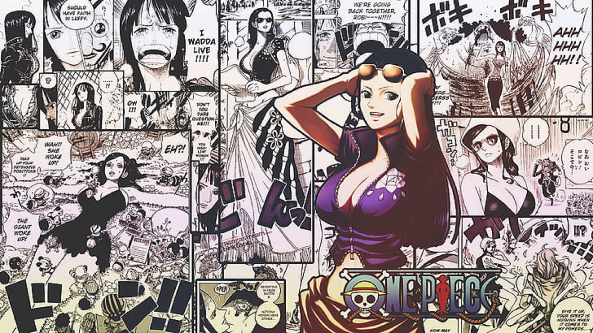 Panel 桌布 壁紙 — 一個動態的One Piece漫畫拼貼， featuring 波雅·漢考克穿著紫色服裝，帶有表情豐富的畫格和日文字句。
