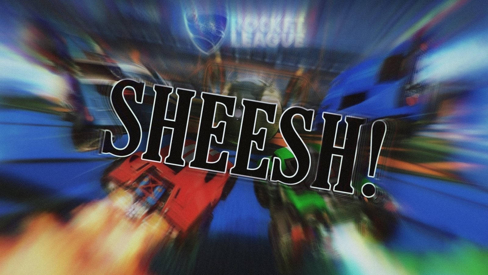 Sheesh 桌布 壁紙 — 一個動態的Rocket League遊戲場景，有動態模糊的車和粗體sheesh文字疊加。