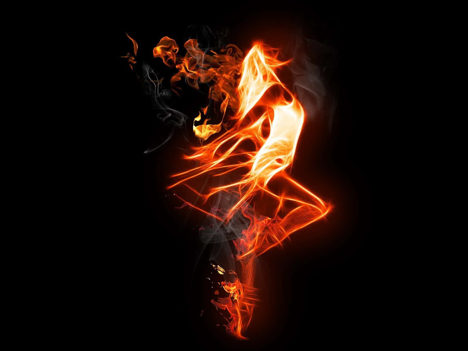 Flame 桌布 壁紙 — 一個動態的人體形象，由旋轉的橙色和黃色火焰組成，背景為純黑色。