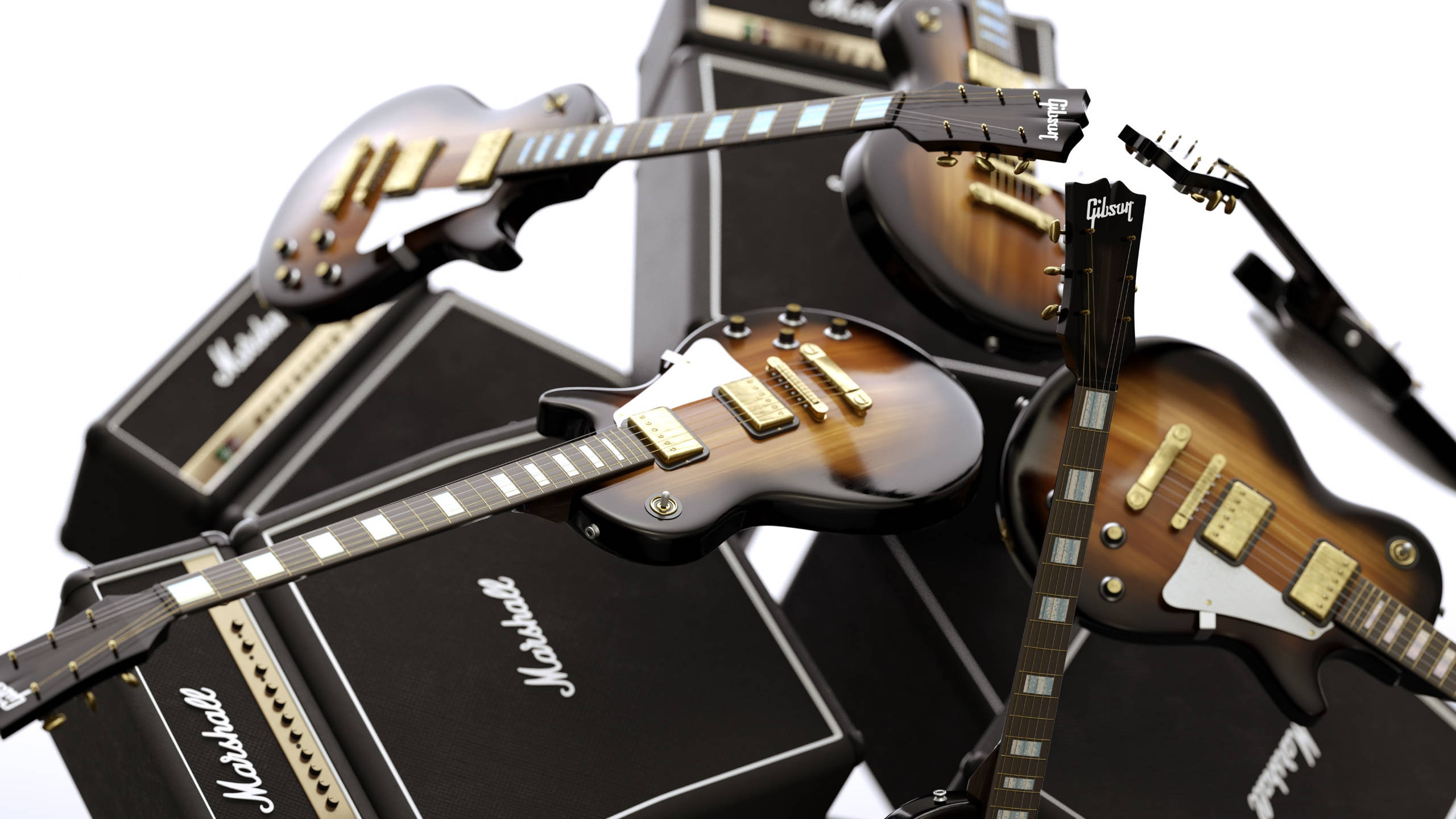 Marshall 桌布 壁紙 — 一個動態的佈置，將復古電吉他和Marshall擴音器放在純白背景上。