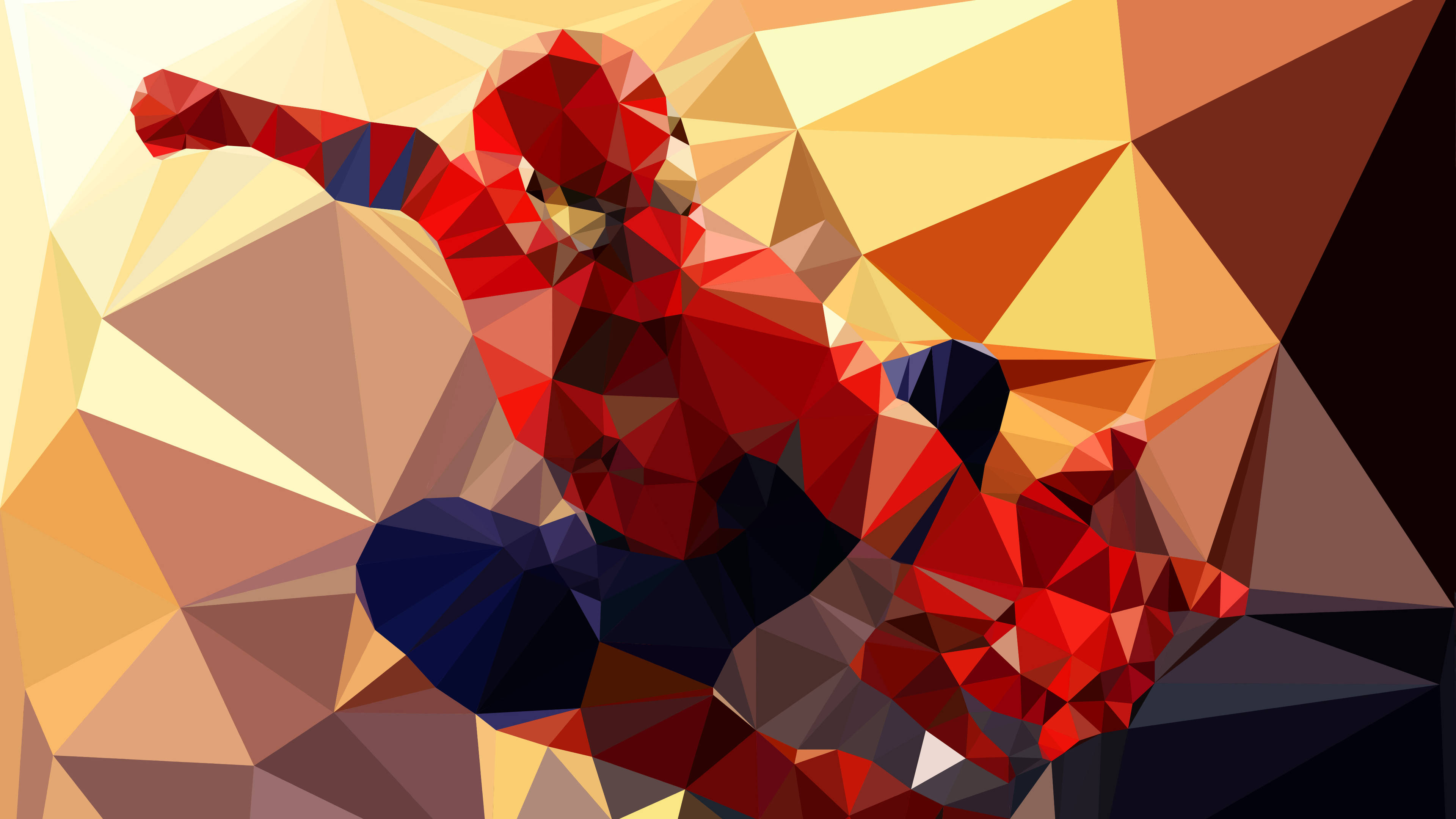 Polygon 桌布 壁紙 — 一個動態的低多邊形蜘蛛人，身穿紅藍色，在溫暖的幾何漸變背景上跳躍。