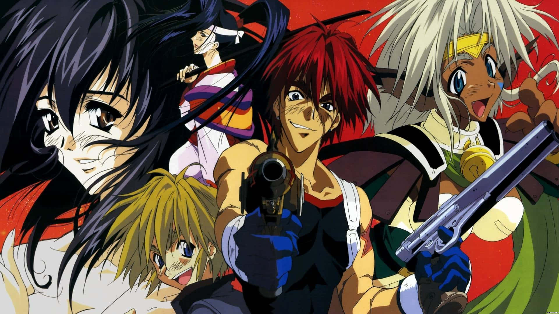 Outlaw Star 桌布 壁紙 — 一個動態的動漫五人組，角色擁有不同的髮色和武器，在火紅的背景前擺出姿勢。