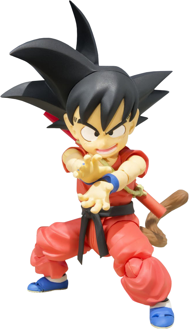kid goku 桌布 壁紙 — 一個動態的動漫人偶，年輕的悟空以戰鬥姿勢穿著他標誌性的紅色道服和藍色鞋子。