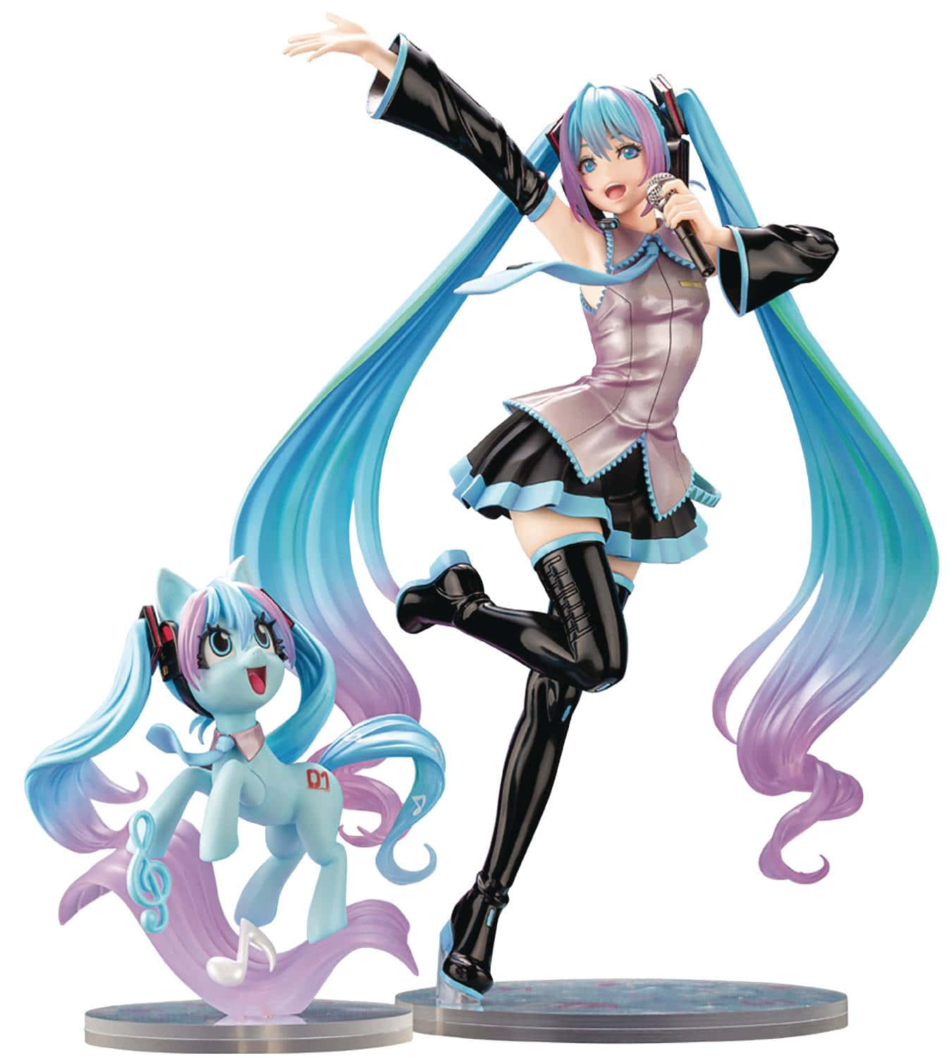 Hatsune Miku 桌布 壁紙 — 一個動態的動漫人物模型，初音未來與小馬同伴在白色背景前唱歌，兩者都在運動中。