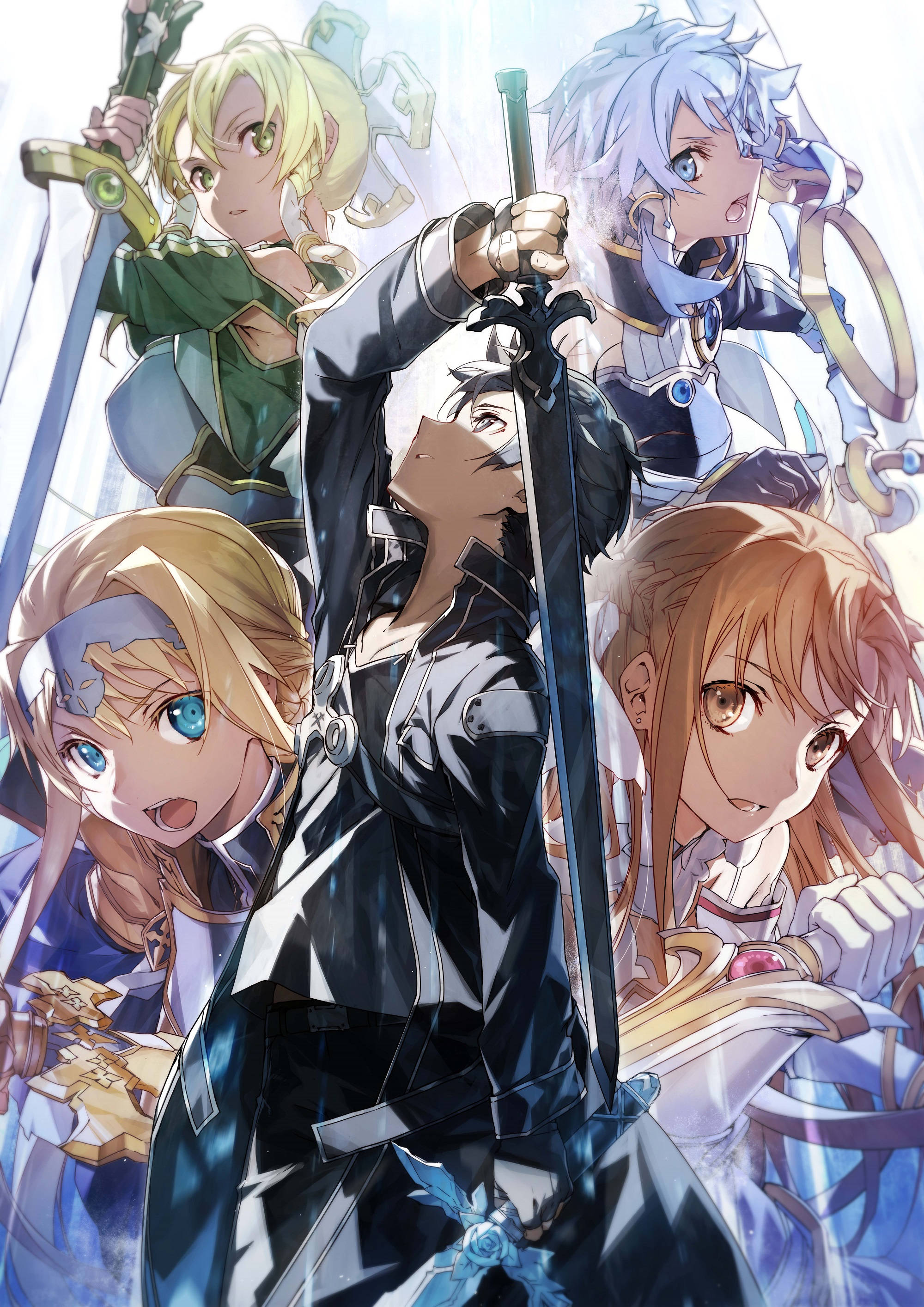 Kirito 桌布 壁紙 — 一個動態的動漫團體，由揮舞劍的戰士組成，穿著精細的奇幻盔甲，在明亮的發光背景下英勇地擺姿勢。