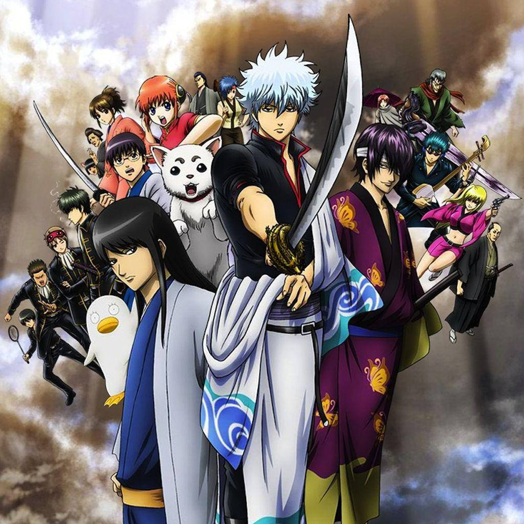 Top Anime 桌布 壁紙 — 一個動態的動漫團體，由武士和戰士組成，手持刀劍，帶著古怪的寵物，背景是暴風雨的天空。