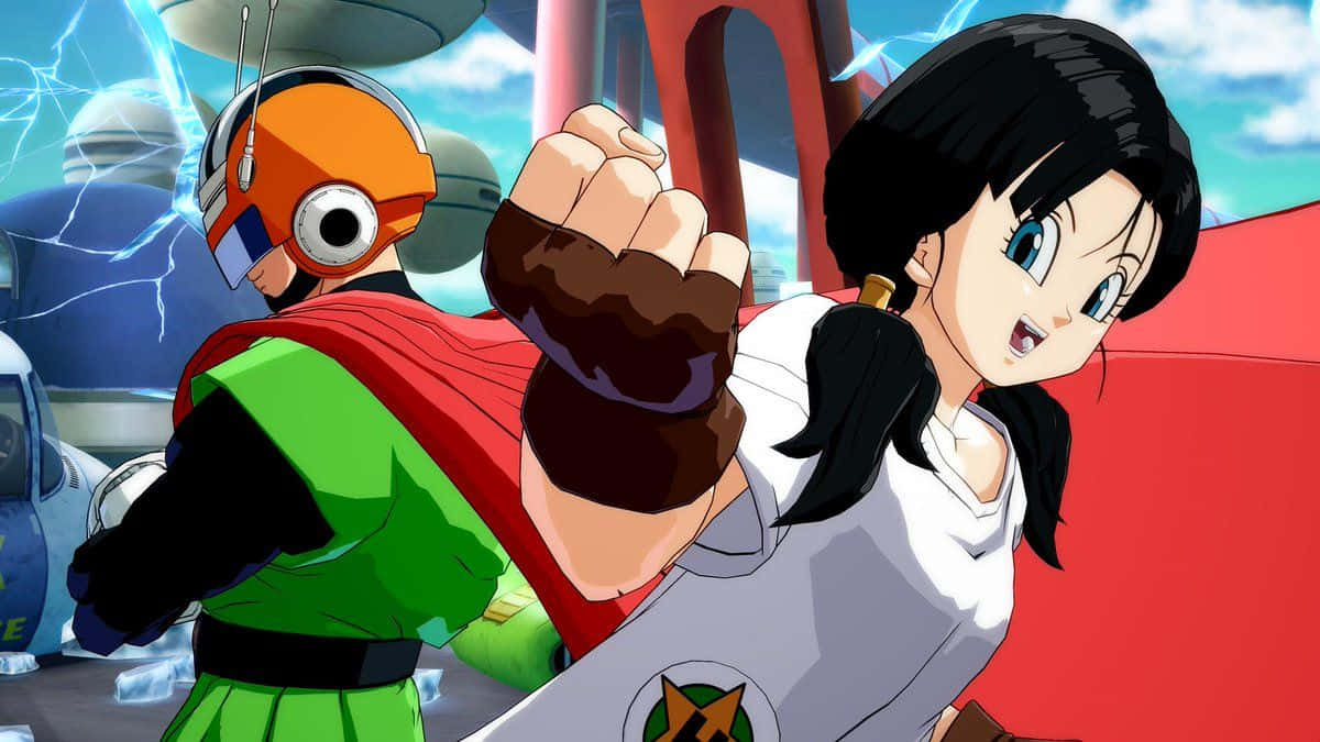 Videl 桌布 壁紙 — 一個動態的動漫場景， featuring 一位黑髮女戰士和一個男性機器人同伴，在一個帶有閃電效果的未來城市景觀中。