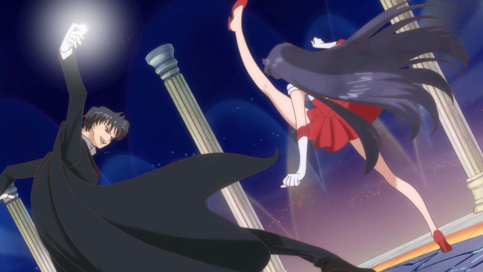 sailor mars 桌布 壁紙 — 一個動態的動漫場景，一個身穿黑袍的人物和一個身穿紅衣的女孩在星光燦爛的夜空下，在發光的柱子之間跳躍。