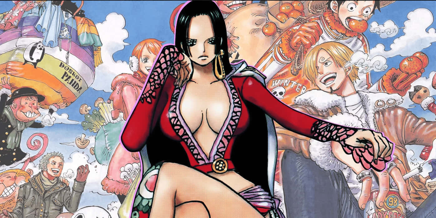 boa hancock 桌布 壁紙 — 一個動態的動漫場景，中央有一位身穿紅色服裝的女性角色，被一群表情豐富的角色包圍，背景是明亮的天空。
