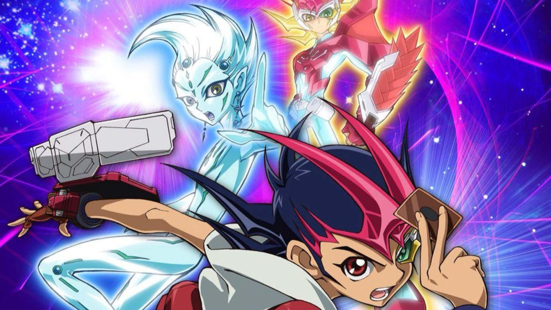 Yu-gi-oh Astral 桌布 壁紙 — 一個動態的動漫場景，展示一位堅定的年輕決鬥者，在宇宙星空中揮舞著卡片和決鬥盤，對抗發光的奇幻怪物。