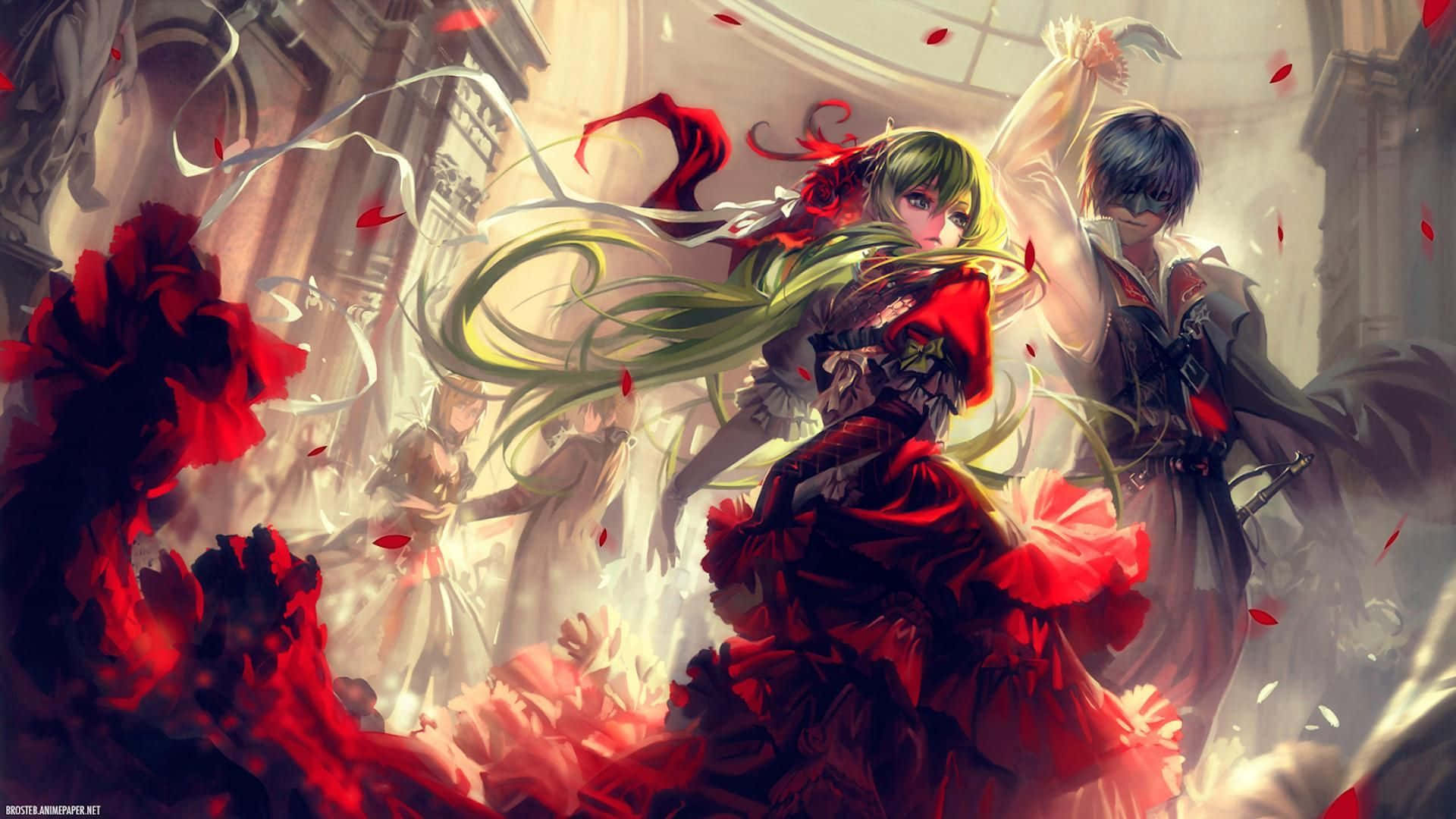 Vocaloid 桌布 壁紙 — 一個動態的動漫場景，有一個綠髮女孩穿著紅色連衣裙，一個男孩穿著深色服裝，周圍環繞著旋轉的紅色花瓣和戲劇性的燈光。