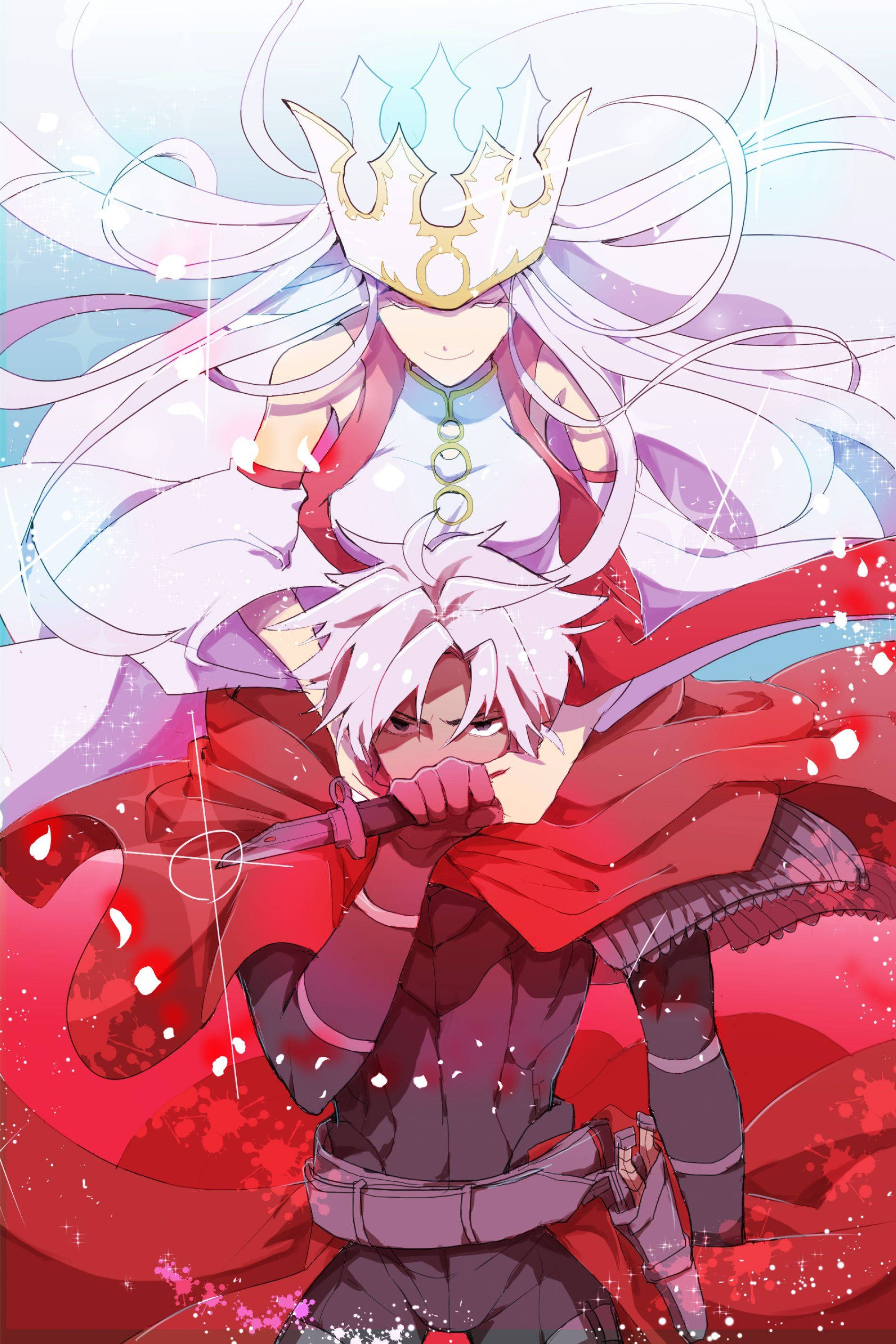Fate Grand Order 桌布 壁紙 — 一個動態的動漫場景，白髮戰士緊握劍，而一個戴著皇冠、頭髮飄逸的人物在紅色和藍色能量的爆發中懸浮在上方。
