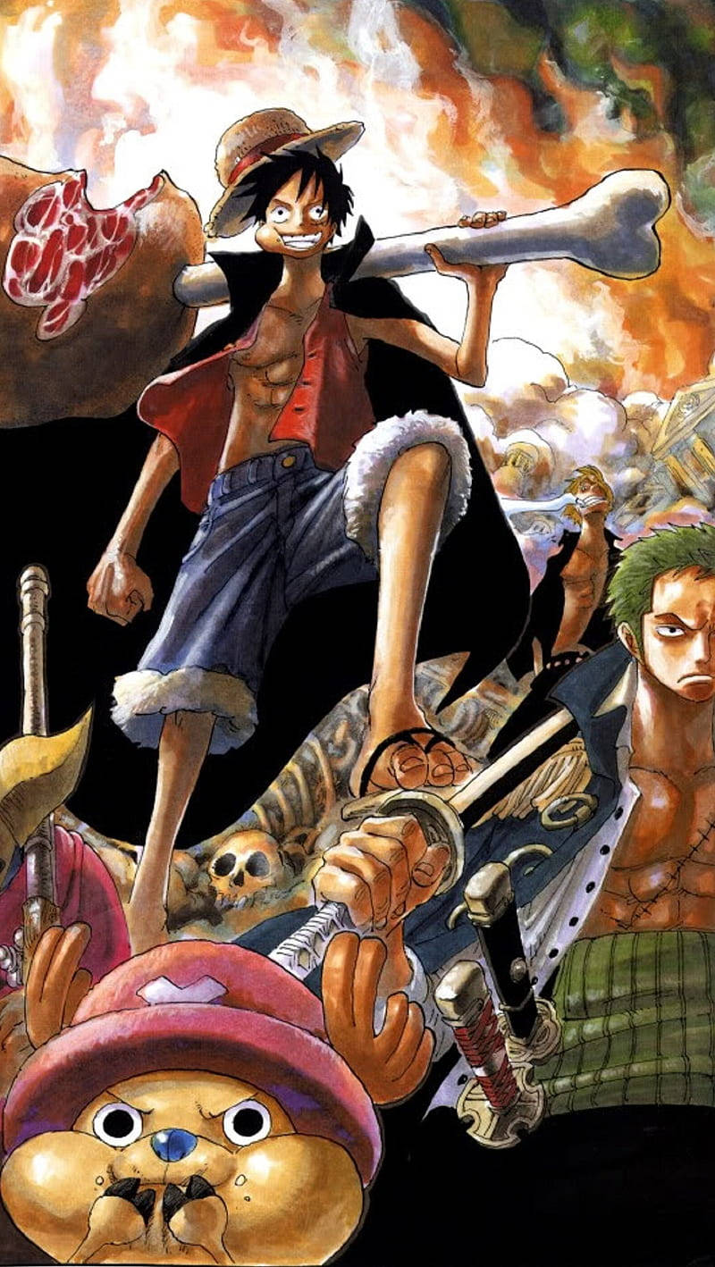 Sanji 桌布 壁紙 — 一個動態的動漫場景，魯夫在火焰爆炸中揮舞著巨大的骨劍，與船員們並肩作戰。