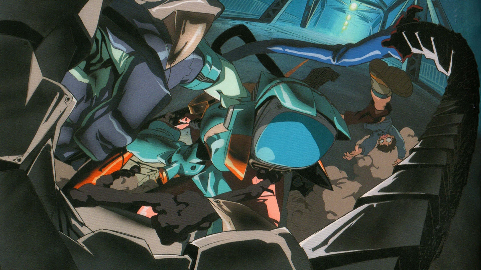 Flcl Canti 桌布 壁紙 — 一個動態的動漫場景顯示一個身穿青綠色盔甲的角色在破碎的瓦礫和墜落的對手之間戰鬥。
