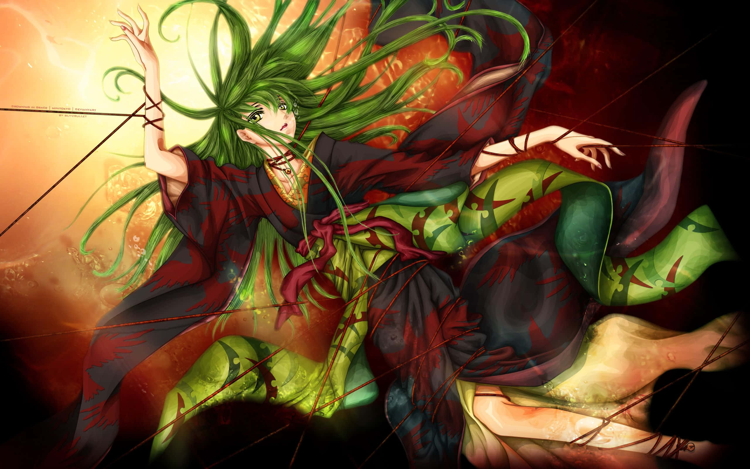 Code Geass C.c. 桌布 壁紙 — 一個動態的動漫女孩，擁有飄逸的綠色頭髮和紅色長袍，在發光的橙色和深紅色能量絲中跳舞。