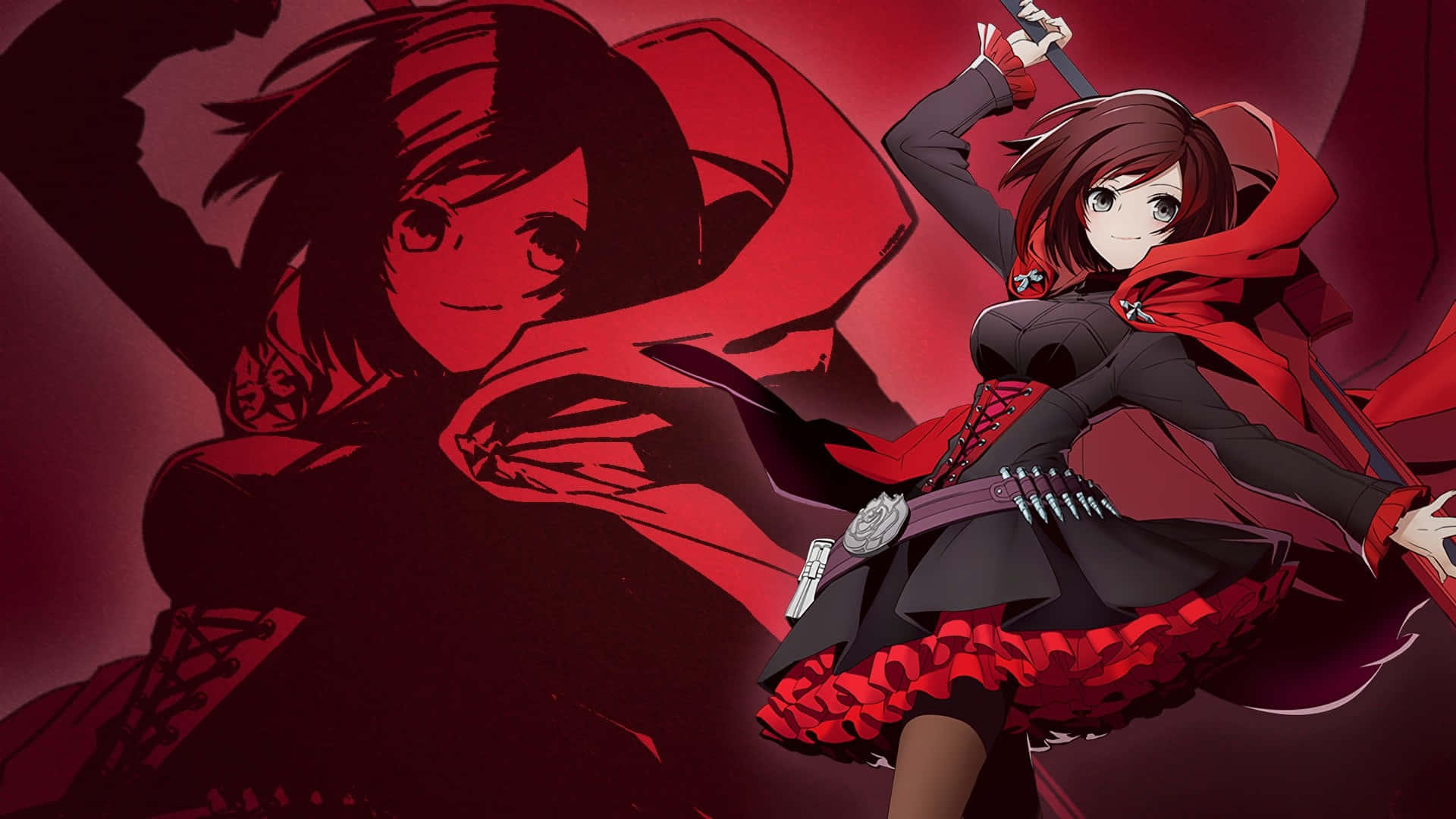 RWBY 桌布 壁紙 — 一個動態的動漫女孩，身穿紅色斗篷和黑色服裝，在陰暗的紅色背景下揮舞著劍。