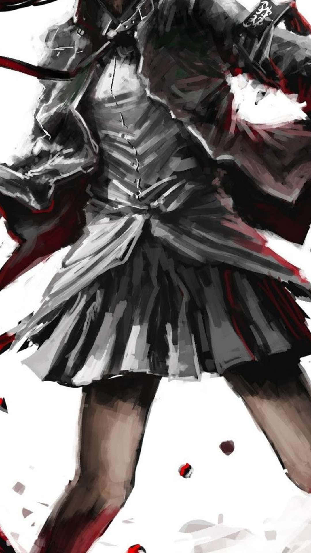 動漫繪圖 桌布 壁紙 — 一個動態的動漫女孩穿著帶有紅色點綴的校服和飄逸的裙子，在純白色背景前捕捉到運動中的瞬間。